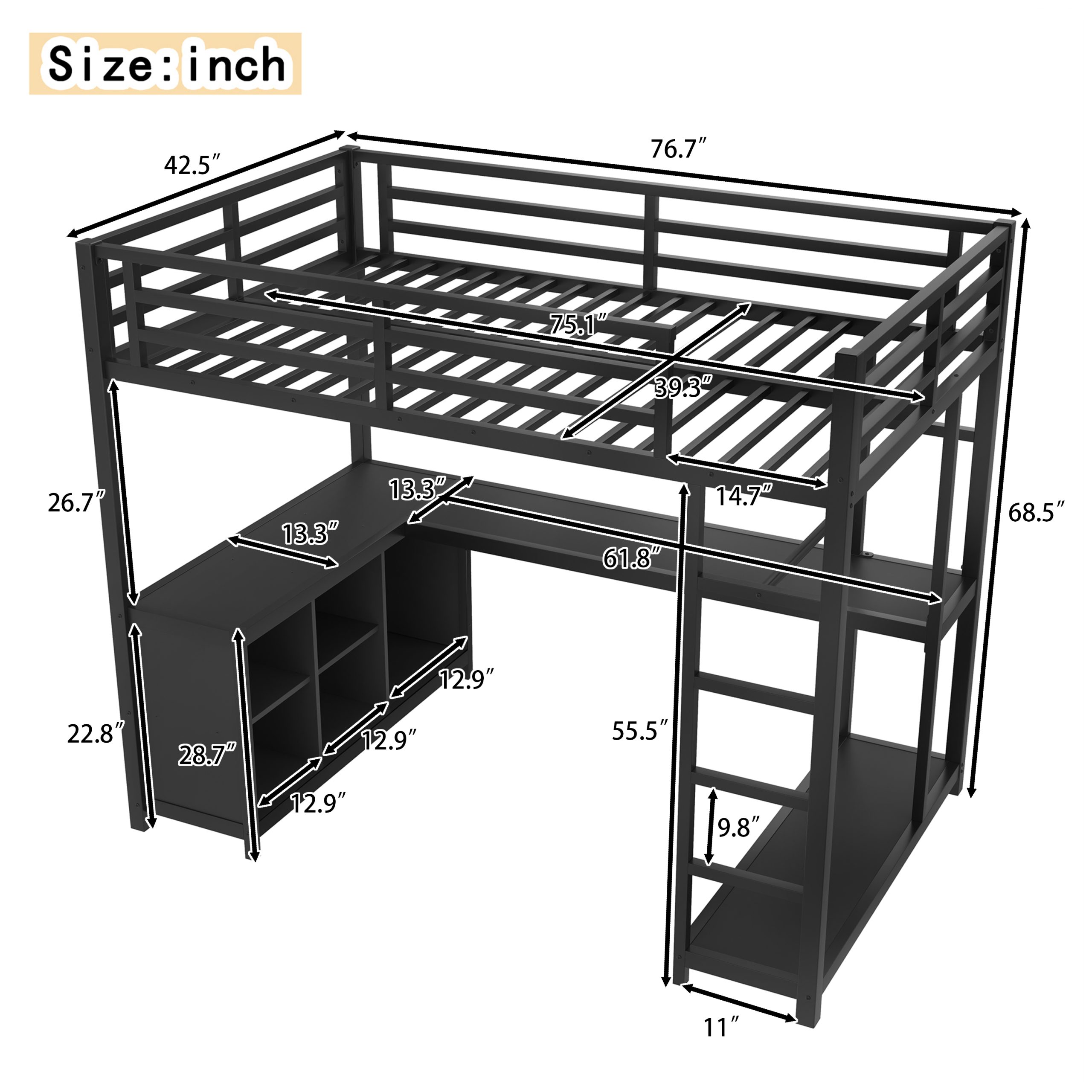 Metal Loft Bed with Wardrobe and L-shaped Desk, Twin Size Loft Bed with Storage Cubes and Shelves, Loft Bed for Kids Teens Adults, Black - Image 4
