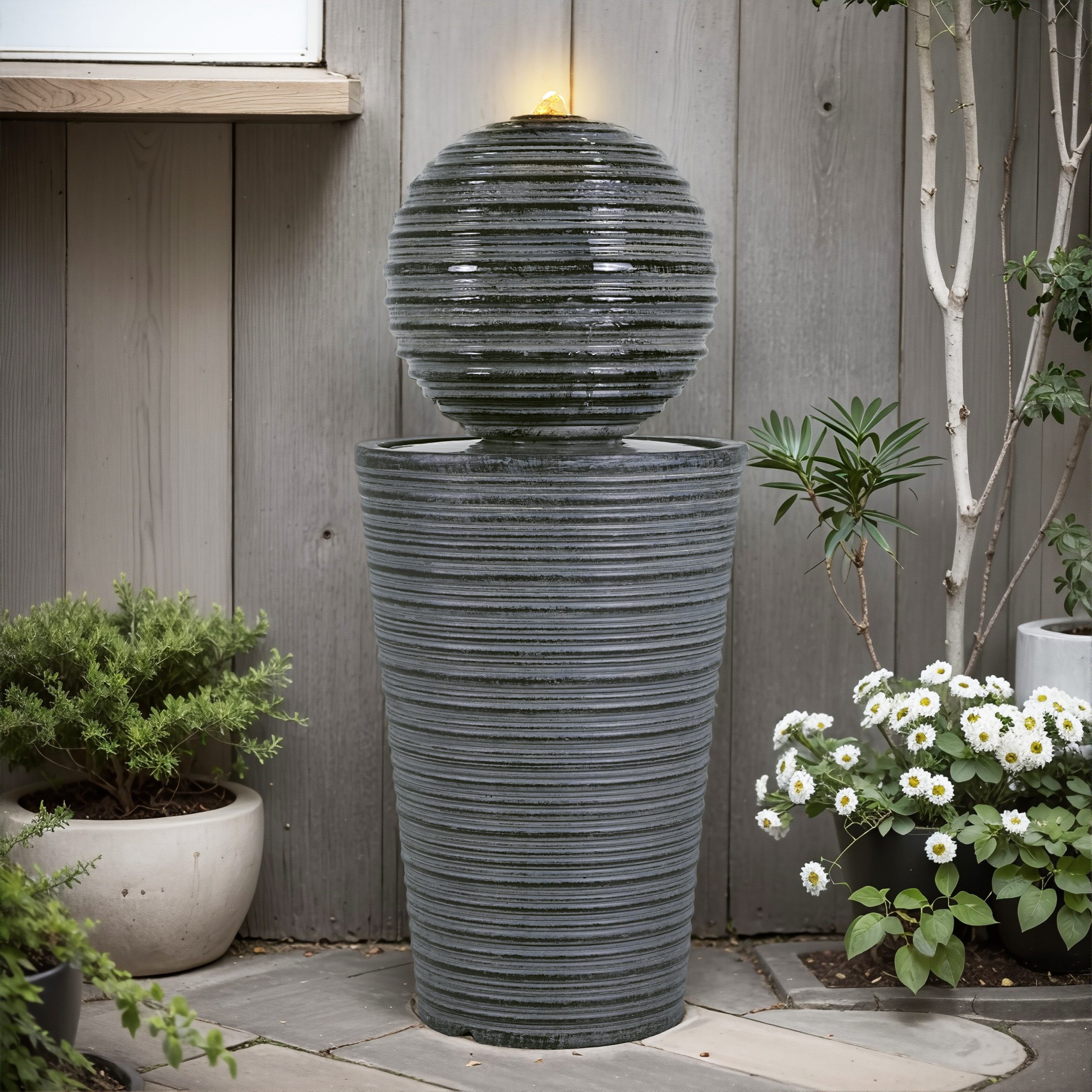 31.5"H Tall Striped Concrete Column Fountain-LED Light,Shadow Ambiance Maker for Modern Outdoor Spaces - Image 2