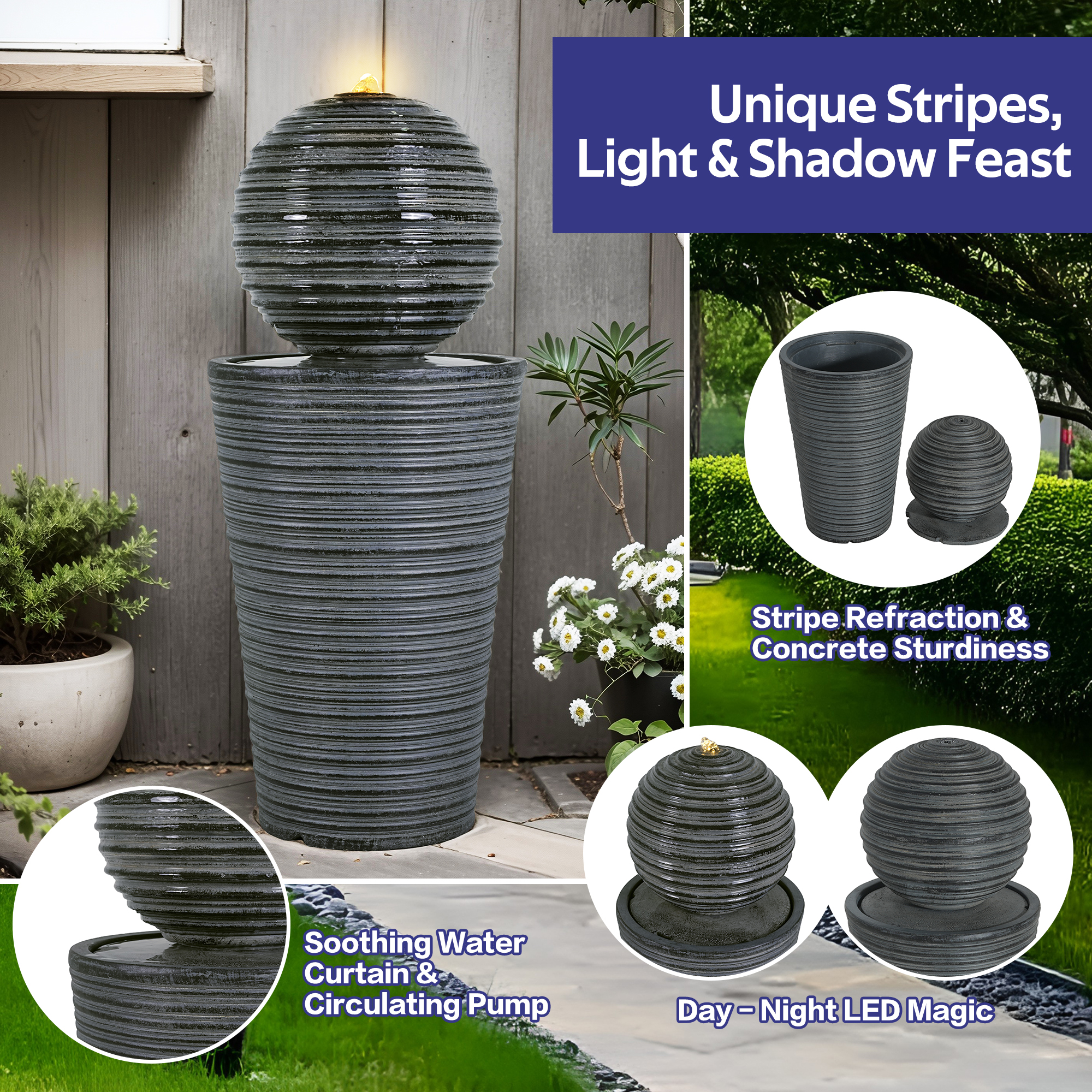 31.5"H Tall Striped Concrete Column Fountain-LED Light,Shadow Ambiance Maker for Modern Outdoor Spaces - Image 3