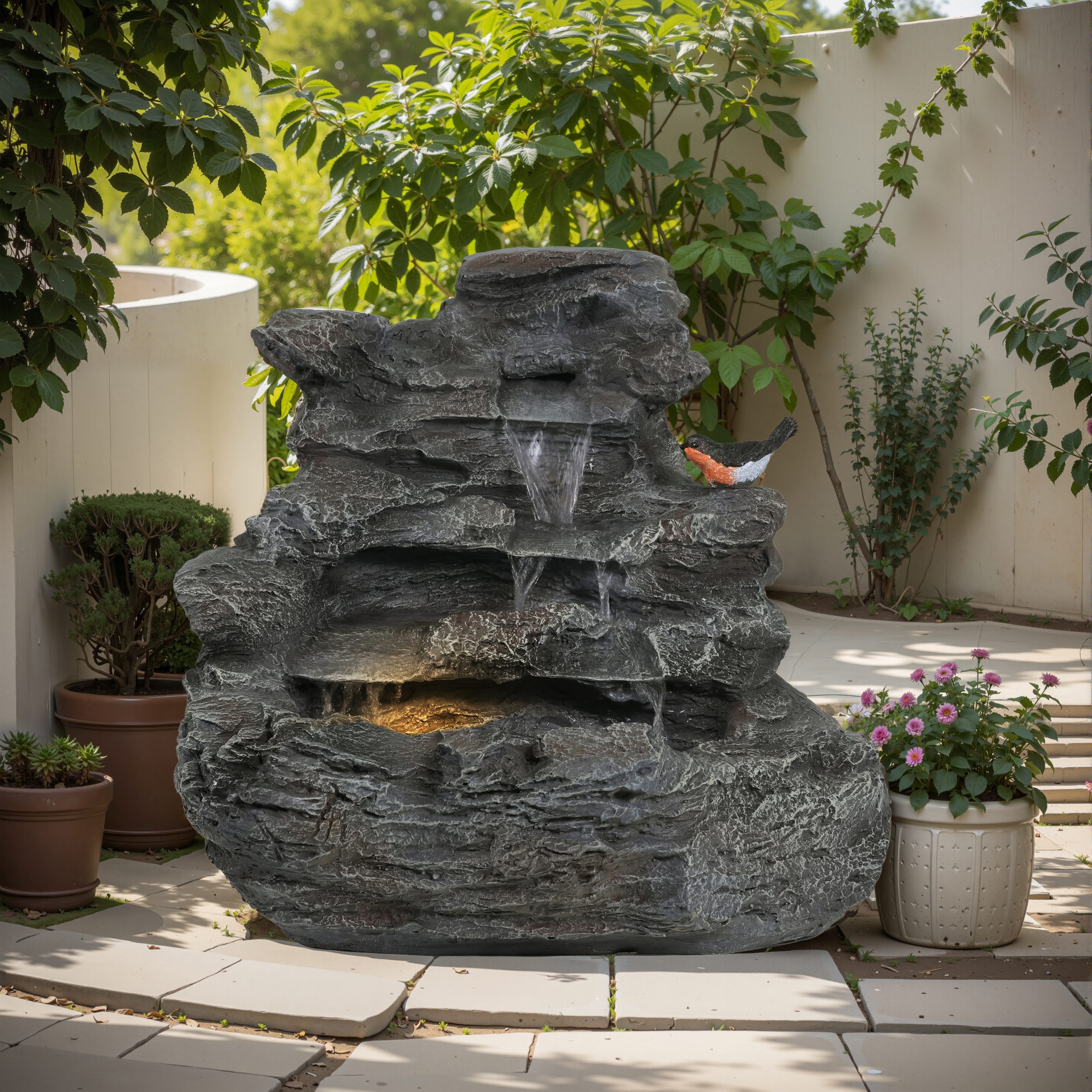 4-Tiered Concrete Rock Waterfall Fountain, 20.8"H – Outdoor Garden Decor with LED Lights, Weather-Resistant, Soothing Water Sound Ambiance - Image 2