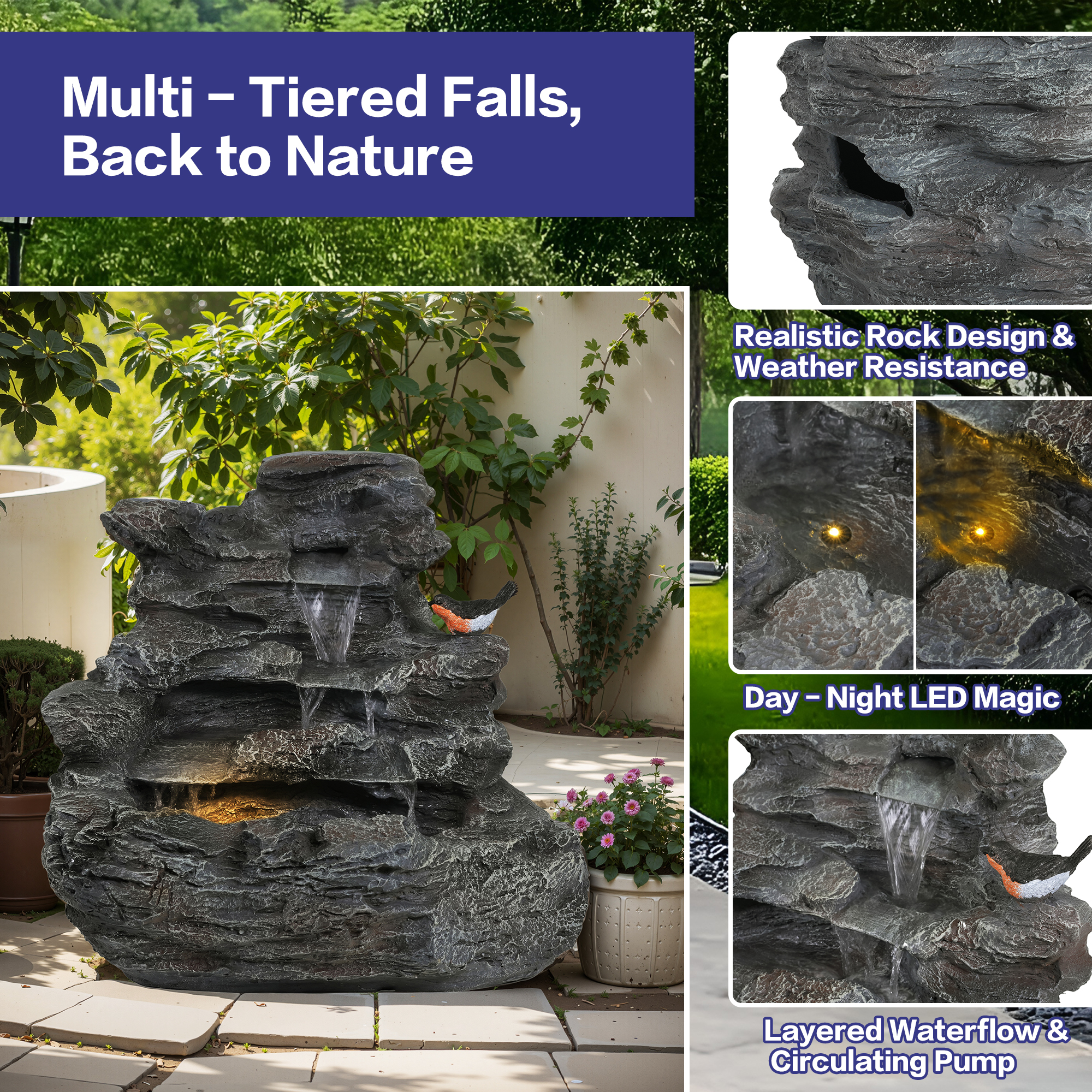 4-Tiered Concrete Rock Waterfall Fountain, 20.8"H – Outdoor Garden Decor with LED Lights, Weather-Resistant, Soothing Water Sound Ambiance - Image 3