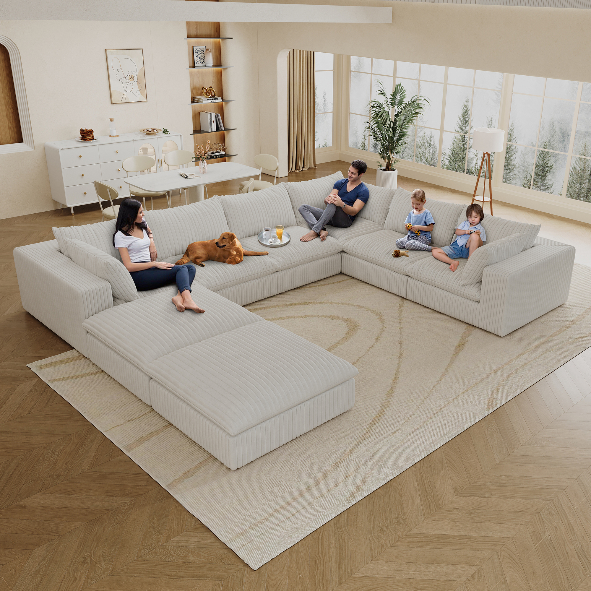 157.6" Cloud Sofa,Corduroy Fabric,Deep Seat Couches,Double-layer design,Removable Cushion,No Assembly, DIY Combination for Living room, Bedroom,Conference room ,Apartment,White - Image 2