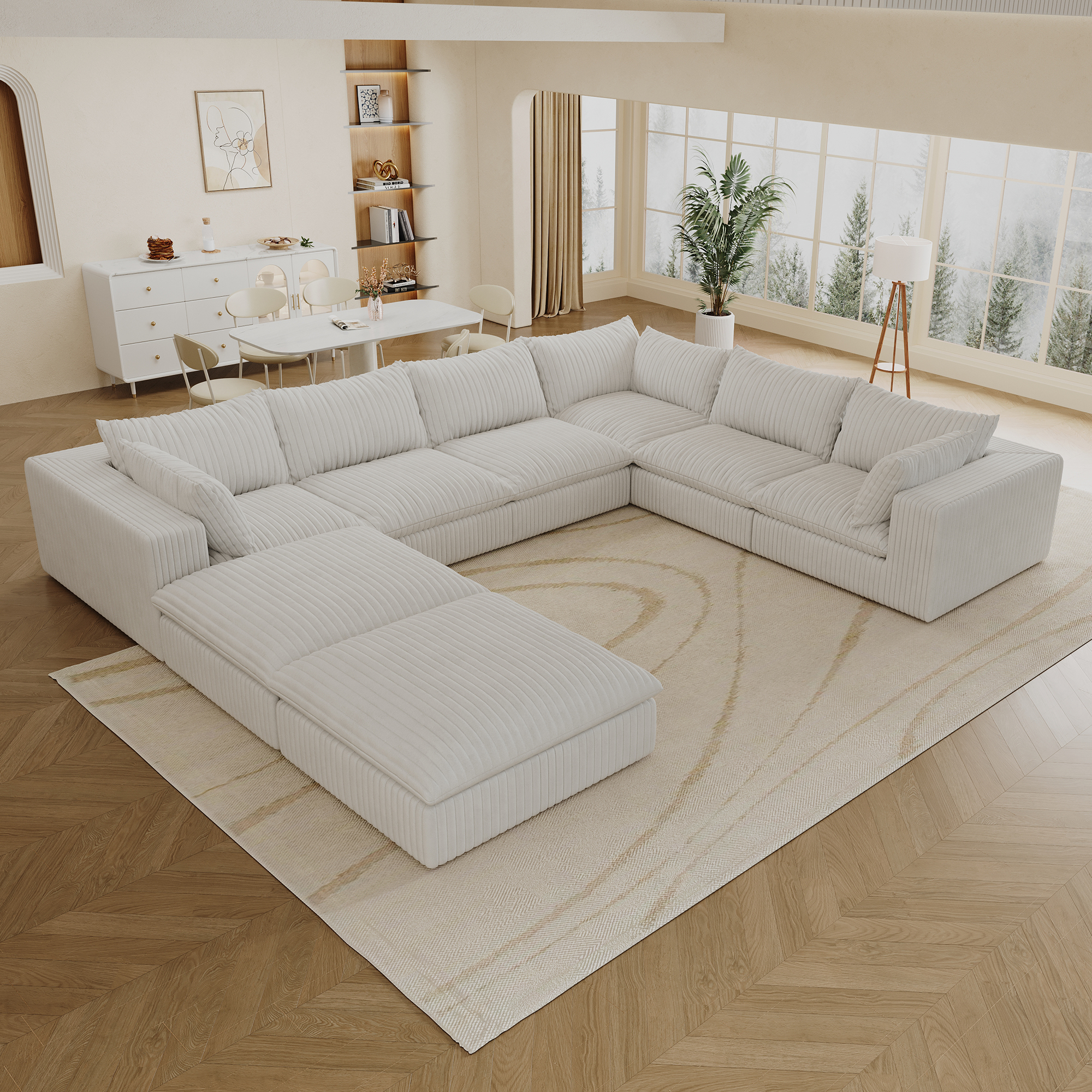 157.6" Cloud Sofa,Corduroy Fabric,Deep Seat Couches,Double-layer design,Removable Cushion,No Assembly, DIY Combination for Living room, Bedroom,Conference room ,Apartment,White - Image 3