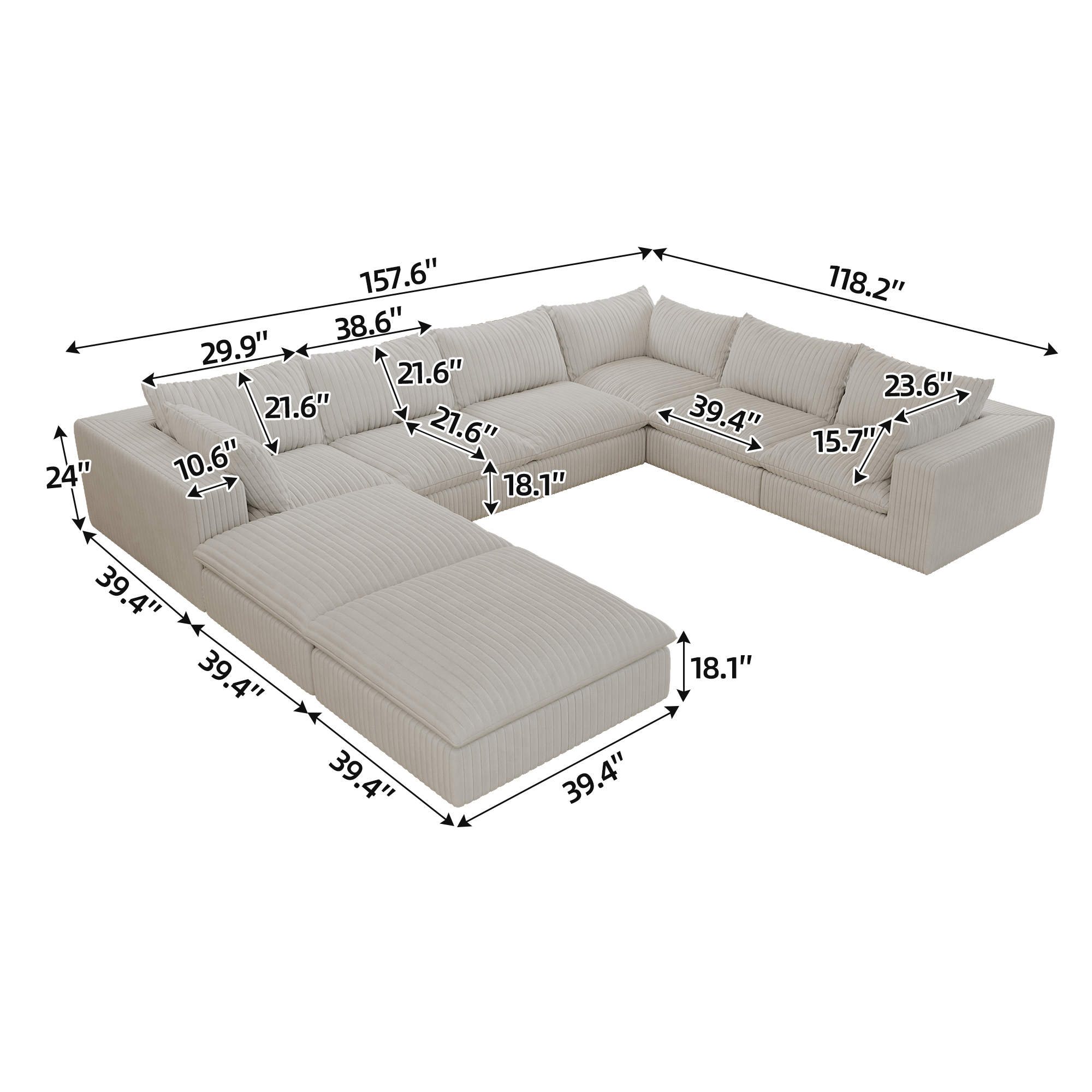 157.6" Cloud Sofa,Corduroy Fabric,Deep Seat Couches,Double-layer design,Removable Cushion,No Assembly, DIY Combination for Living room, Bedroom,Conference room ,Apartment,White - Image 5