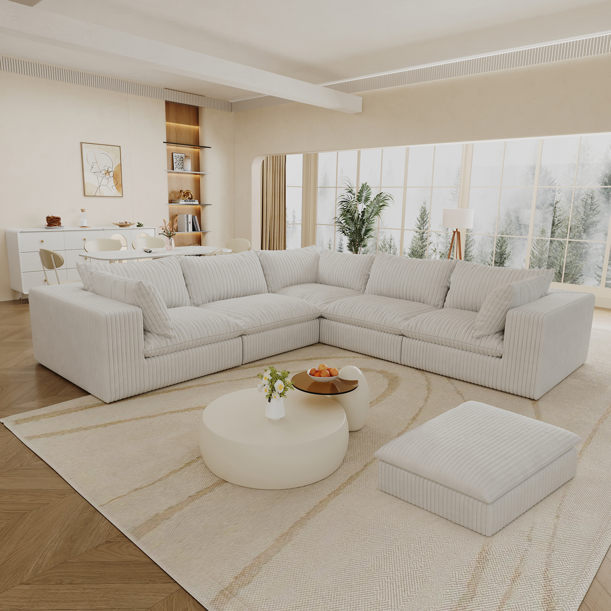 118.2" Cloud Sofa,Corduroy Fabric,Deep Seat Couches,Double-layer design,Removable Cushion,No Assembly, DIY Combination for Living room, Bedroom,Conference room ,Apartment,White - Image 3