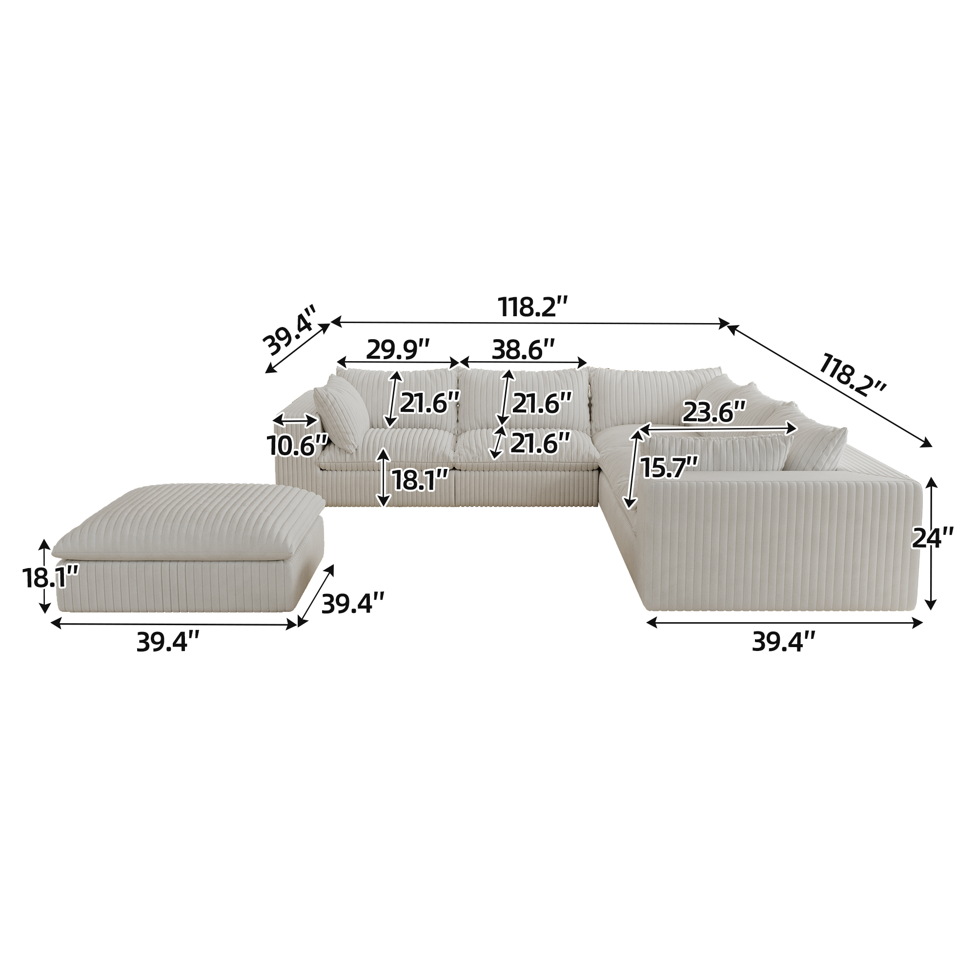 118.2" Cloud Sofa,Corduroy Fabric,Deep Seat Couches,Double-layer design,Removable Cushion,No Assembly, DIY Combination for Living room, Bedroom,Conference room ,Apartment,White - Image 6