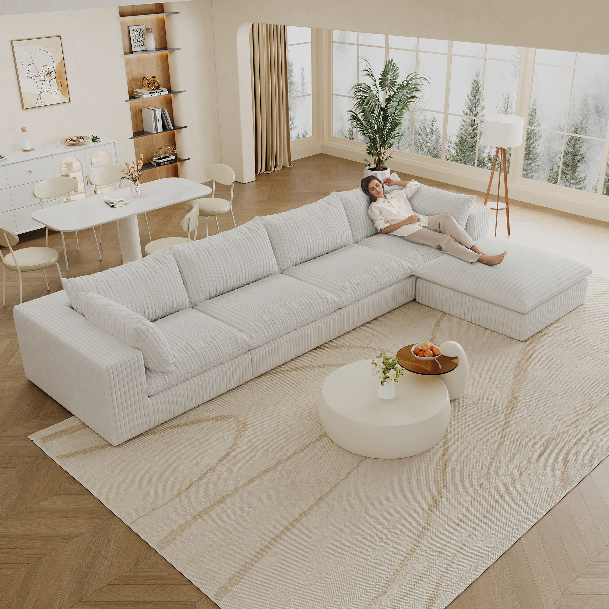 157.6"Cloud Sofa,Corduroy Fabric,Deep Seat Couches,Double-layer design,Removable Cushion,No Assembly,DIY Combination for Living room, Bedroom,Conference room ,Apartment,White - Image 2