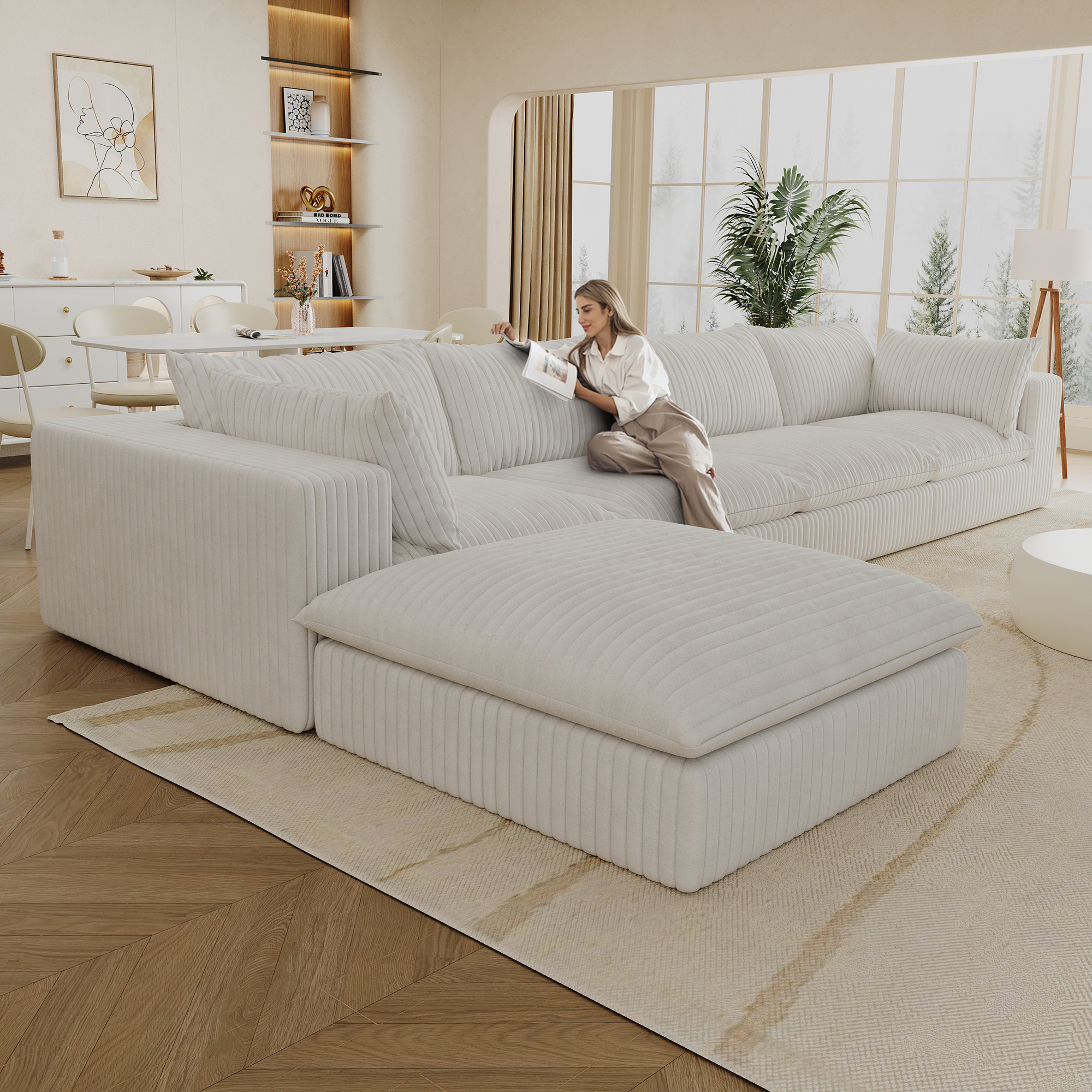 157.6"Cloud Sofa,Corduroy Fabric,Deep Seat Couches,Double-layer design,Removable Cushion,No Assembly,DIY Combination for Living room, Bedroom,Conference room ,Apartment,White - Image 3