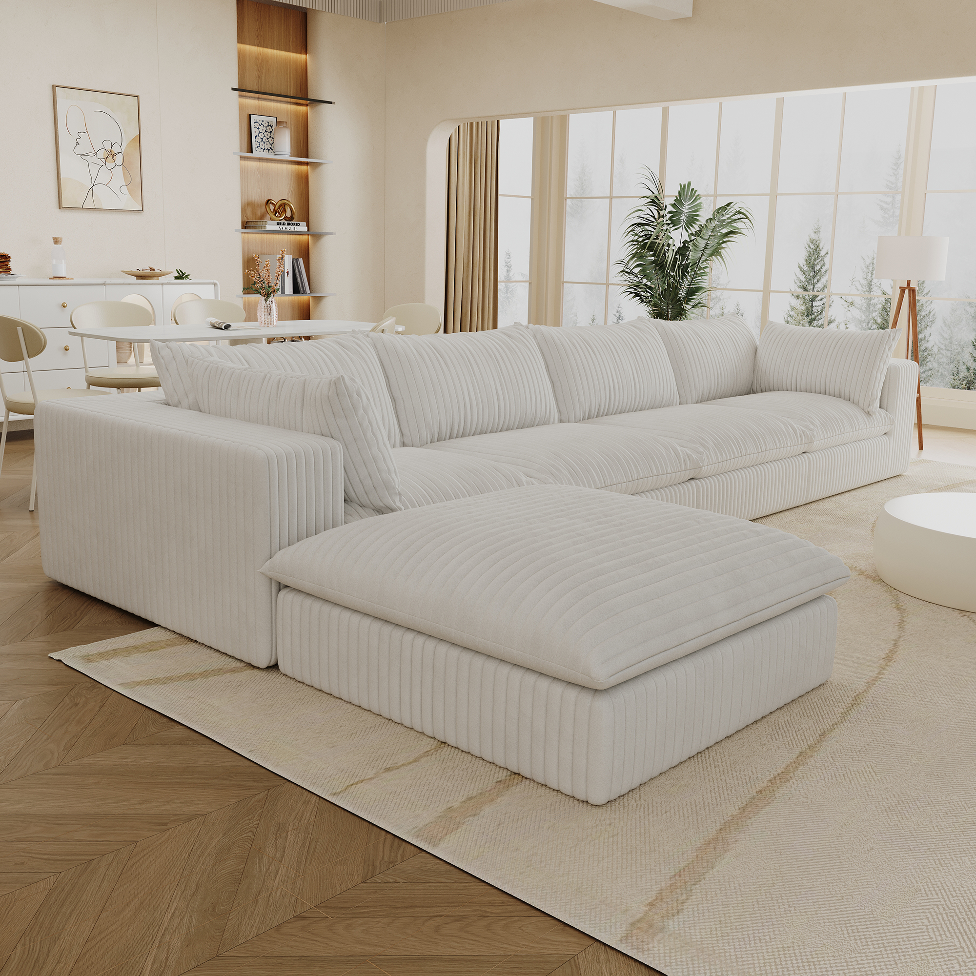 157.6"Cloud Sofa,Corduroy Fabric,Deep Seat Couches,Double-layer design,Removable Cushion,No Assembly,DIY Combination for Living room, Bedroom,Conference room ,Apartment,White - Image 6