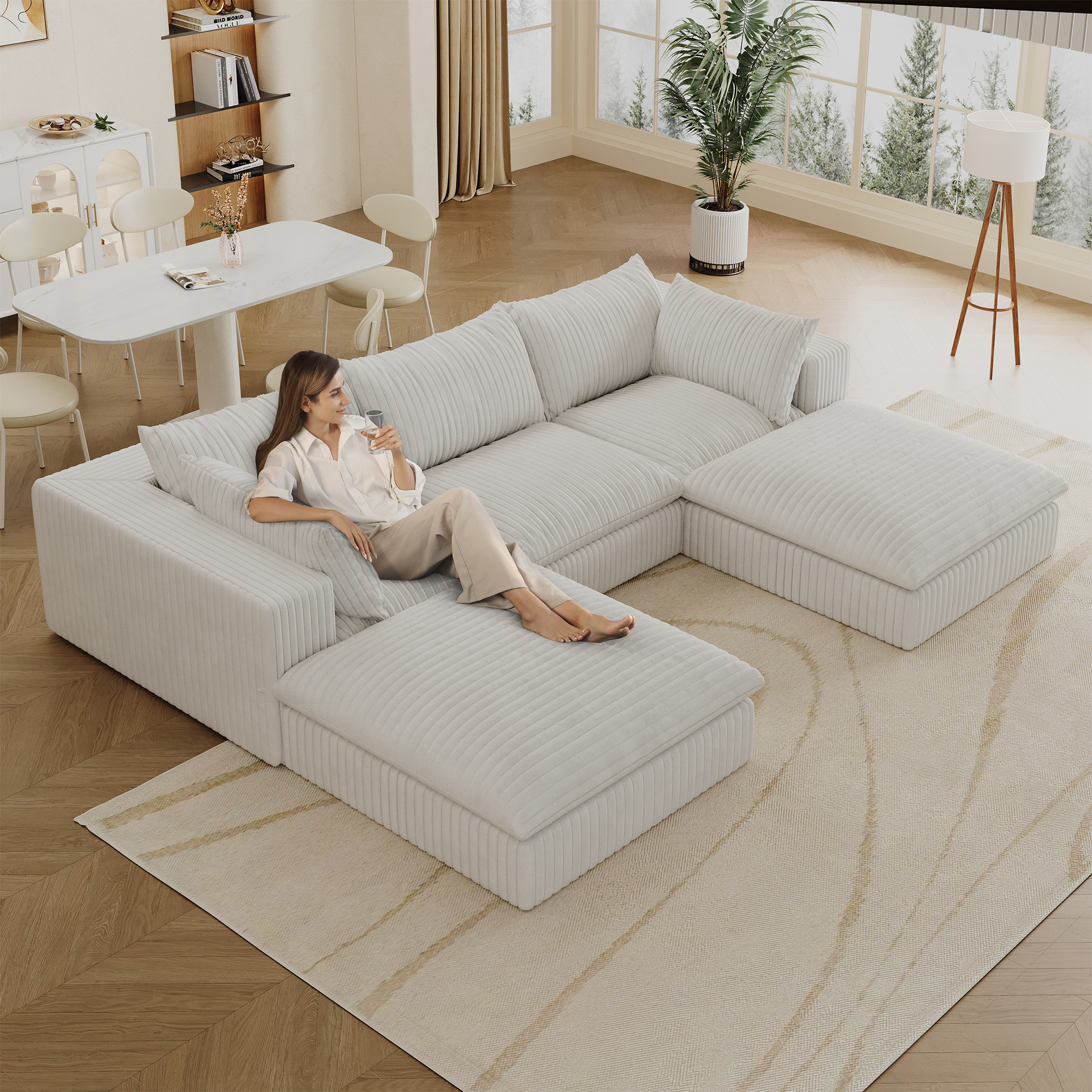 118.2" Cloud Sofa,Corduroy Fabric,Deep Seat Couches,Double-layer design,Removable Cushion,No Assembly, DIY Combination for Living room, Bedroom,Conference room ,Apartment,White - Image 2