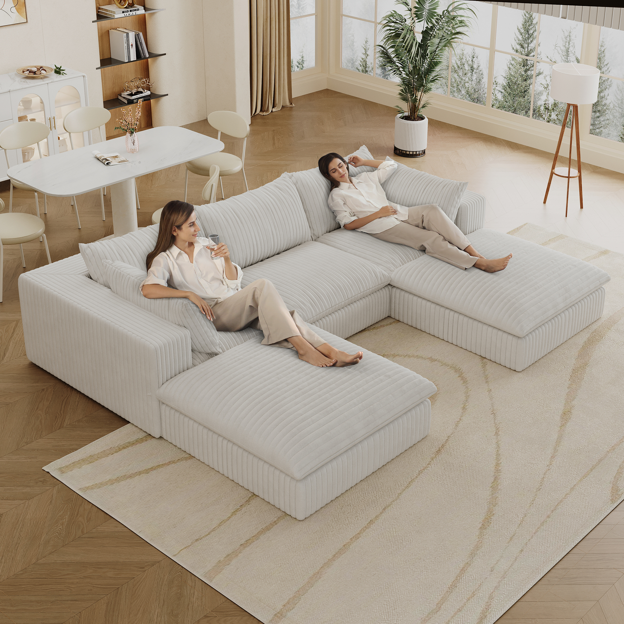 118.2" Cloud Sofa,Corduroy Fabric,Deep Seat Couches,Double-layer design,Removable Cushion,No Assembly, DIY Combination for Living room, Bedroom,Conference room ,Apartment,White - Image 4