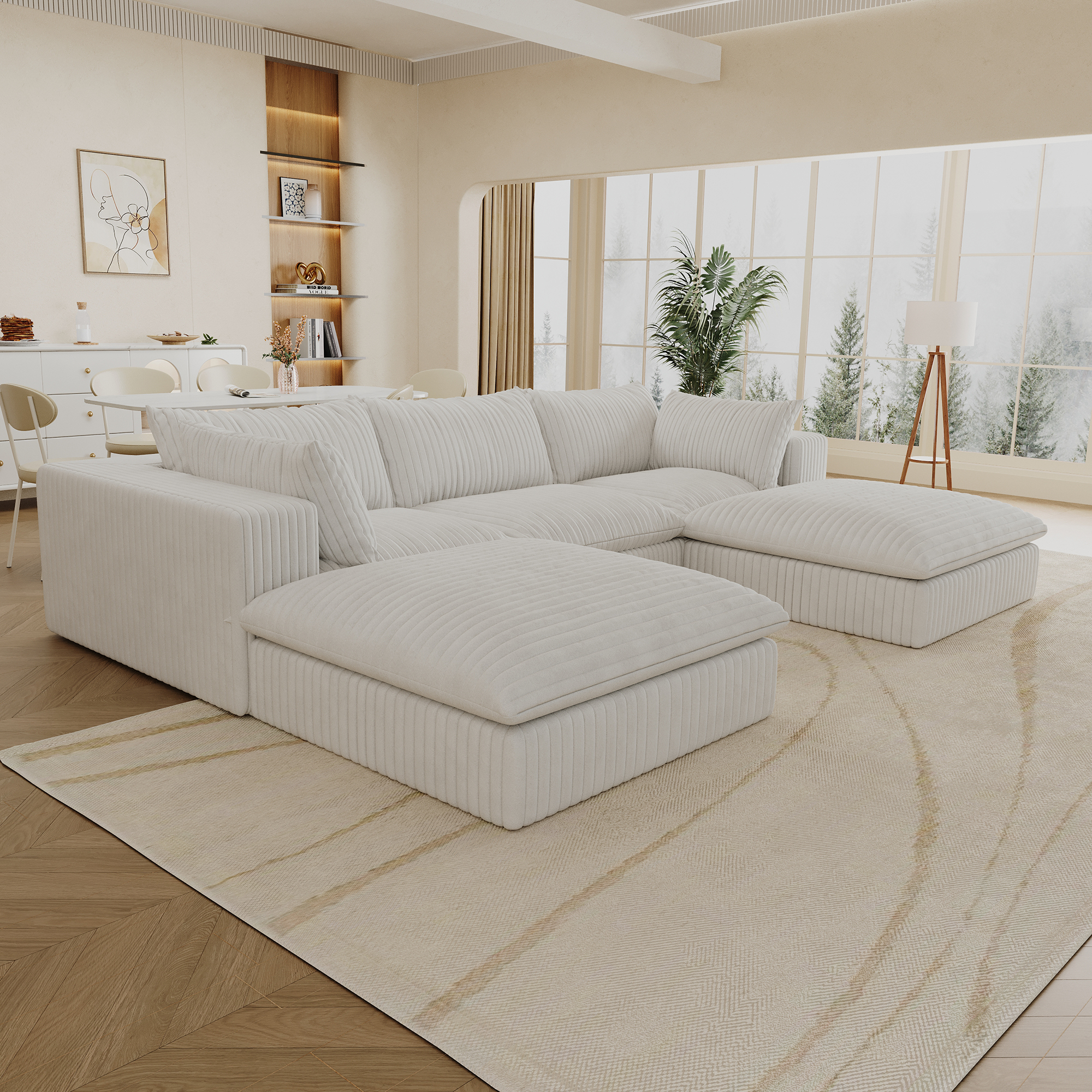 118.2" Cloud Sofa,Corduroy Fabric,Deep Seat Couches,Double-layer design,Removable Cushion,No Assembly, DIY Combination for Living room, Bedroom,Conference room ,Apartment,White - Image 6