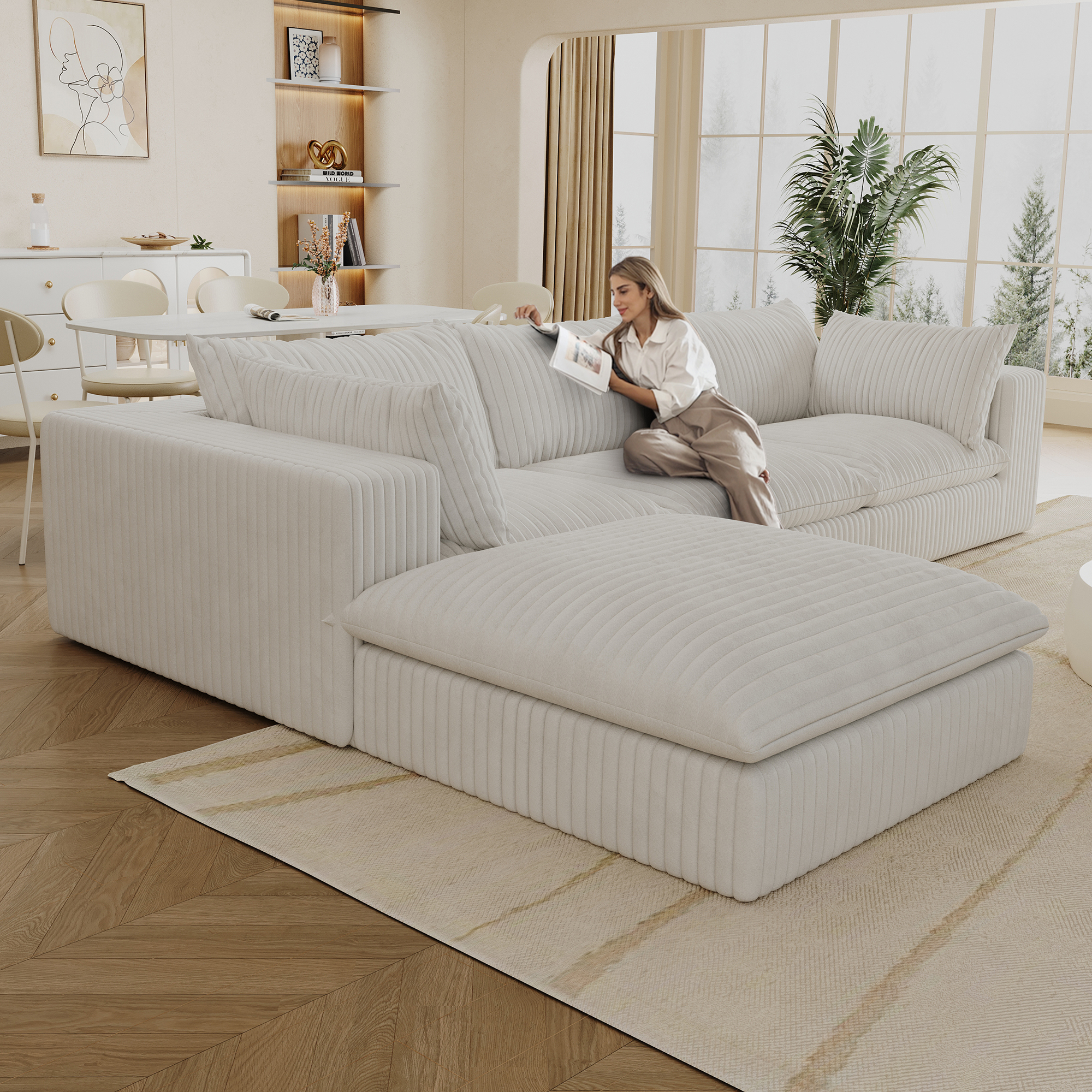118.2" Cloud Sofa,Corduroy Fabric,Deep Seat Couches,Double-layer design,Removable Cushion,No Assembly, DIY Combination for Living room, Bedroom,Conference room ,Apartment,White - Image 3