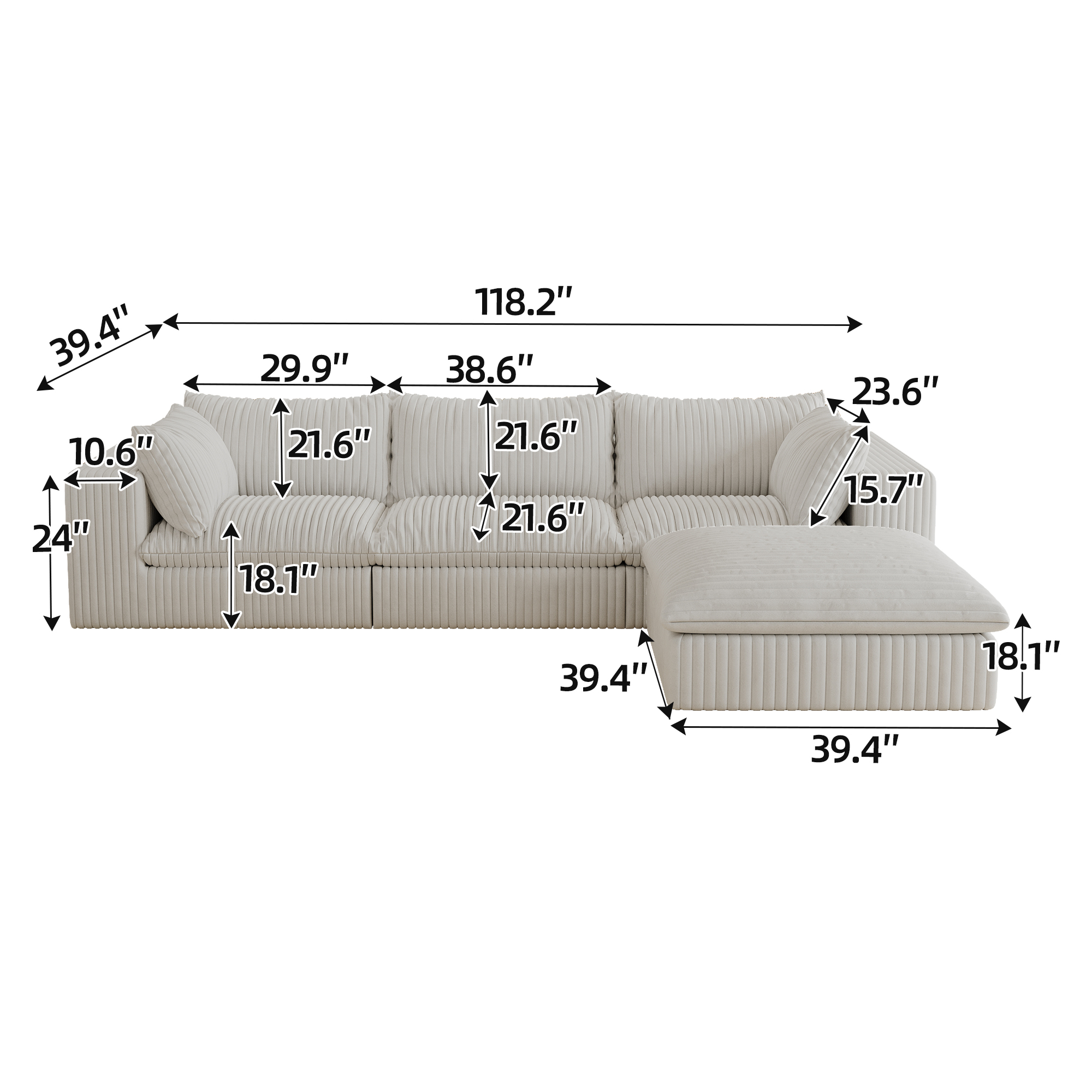 118.2" Cloud Sofa,Corduroy Fabric,Deep Seat Couches,Double-layer design,Removable Cushion,No Assembly, DIY Combination for Living room, Bedroom,Conference room ,Apartment,White - Image 5