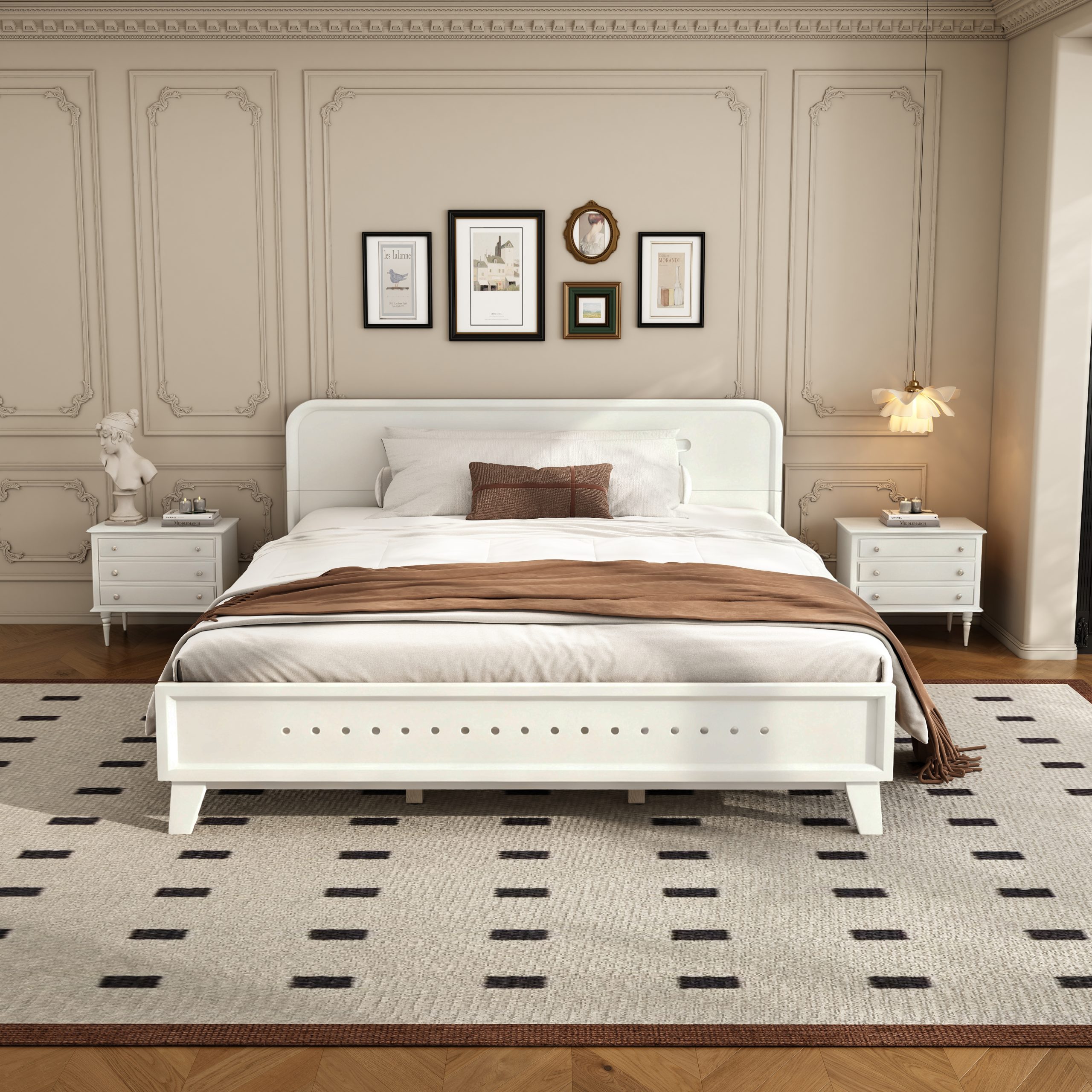 PINE SOLID WOOD QUEEN SIZE BED, SOLID AND STABLE, NO BOX SPRING NEEDED, WHITE COLOR - Image 3
