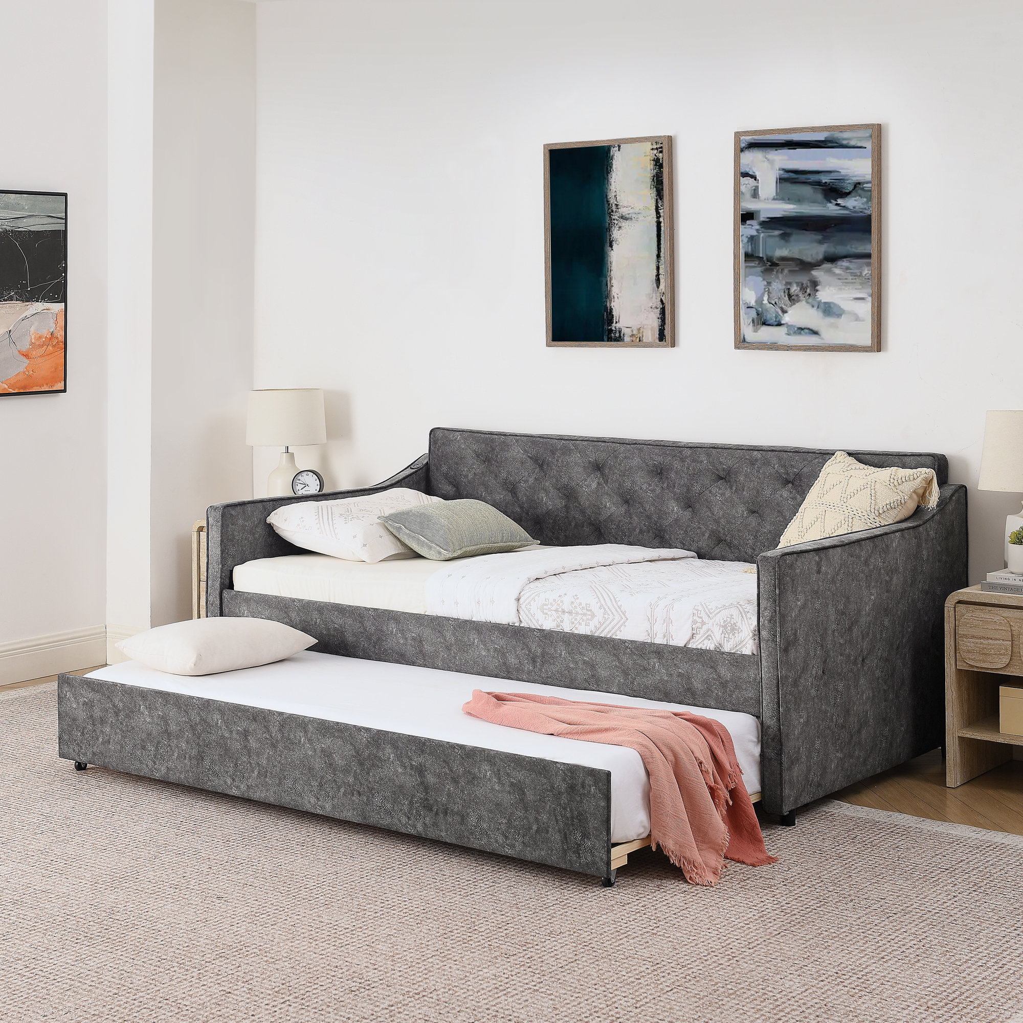 Twin Size Upholstery DayBed with Twin Size Pop-up Trundle and USB Charging Design - Image 2