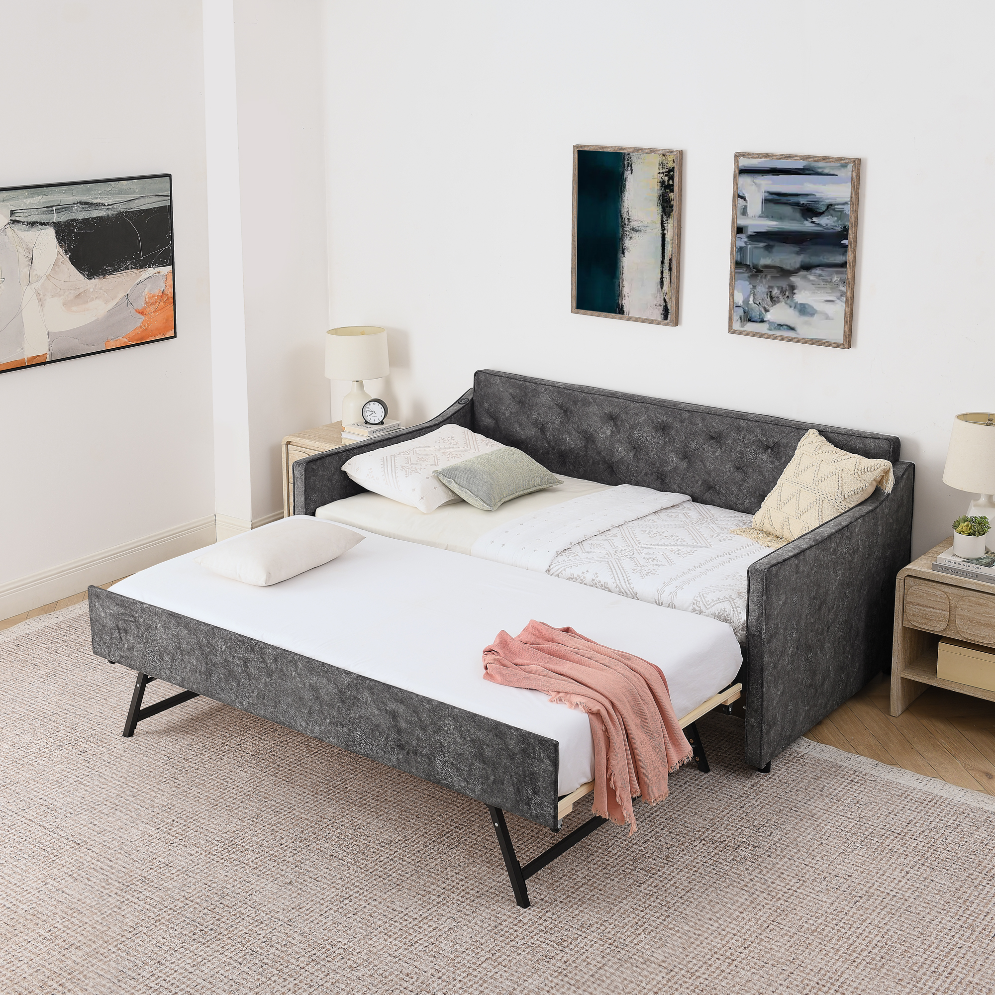 Twin Size Upholstery DayBed with Twin Size Pop-up Trundle and USB Charging Design - Image 3