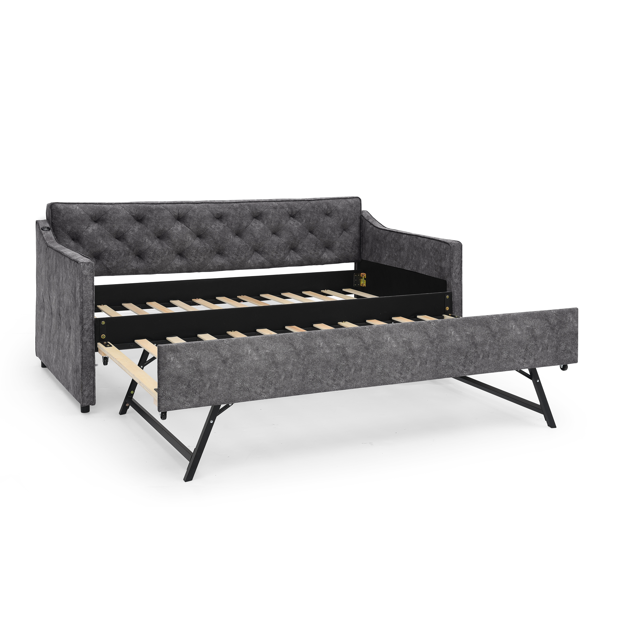 Twin Size Upholstery DayBed with Twin Size Pop-up Trundle and USB Charging Design - Image 5