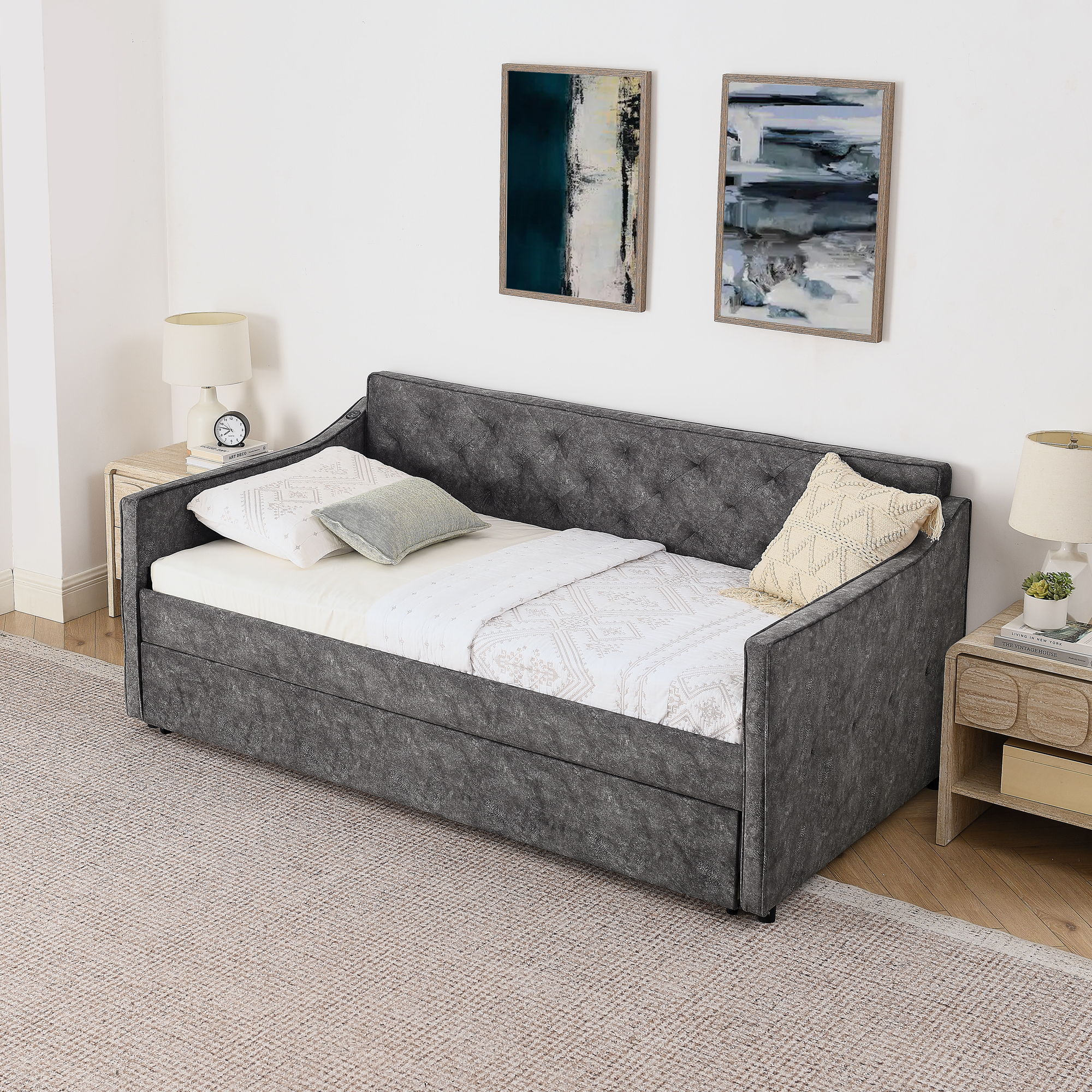Twin Size Upholstery DayBed with Twin Size Pop-up Trundle and USB Charging Design - Image 4