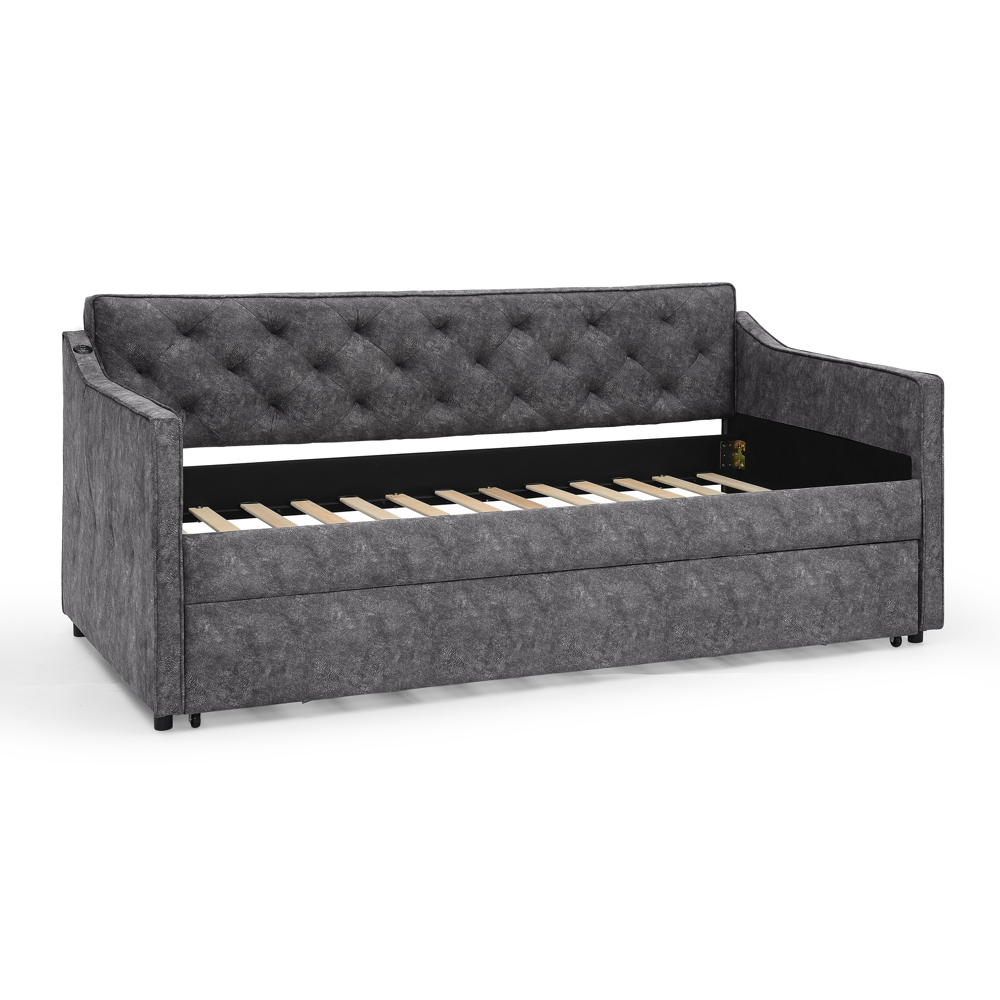 Twin Size Upholstery DayBed with Twin Size Pop-up Trundle and USB Charging Design - Image 6