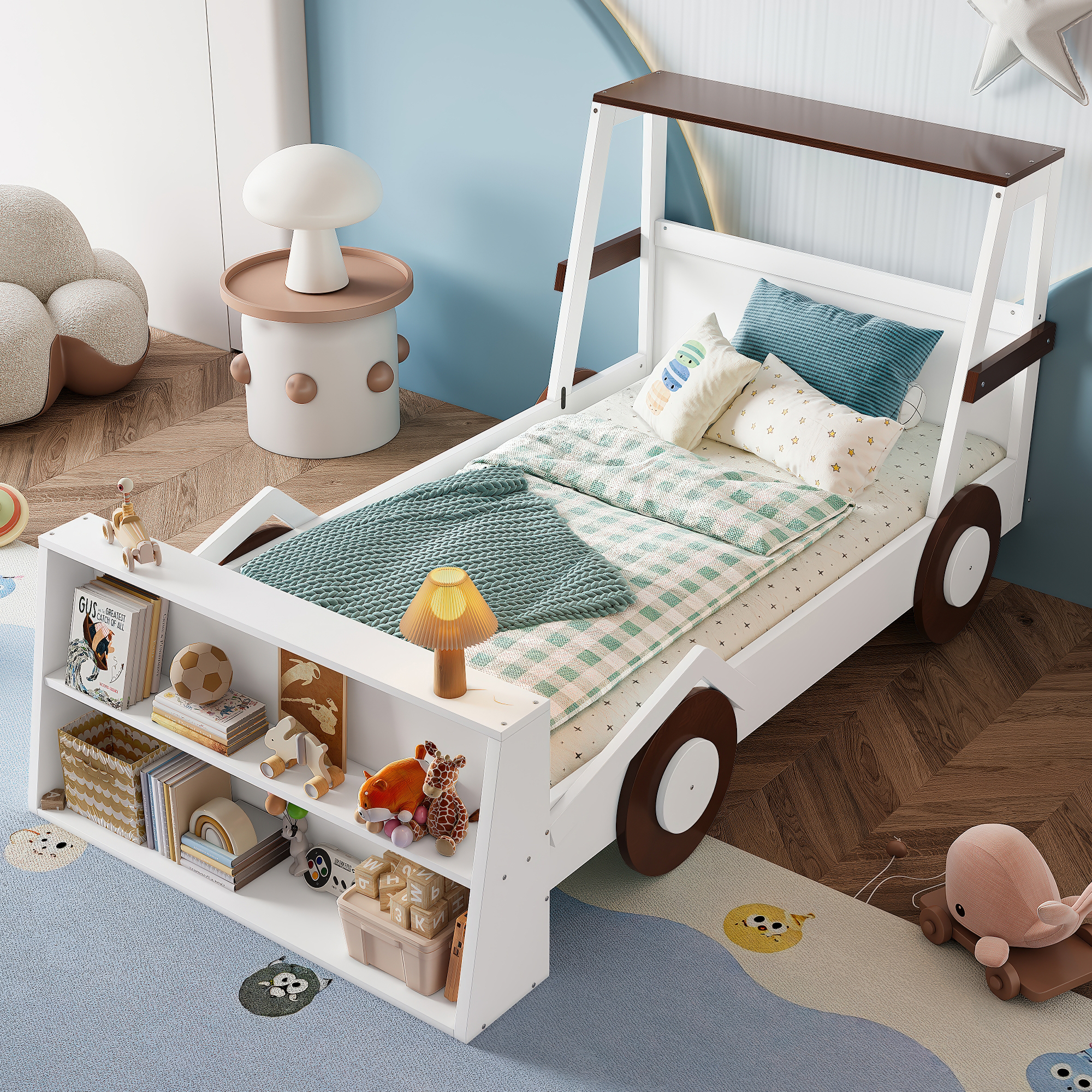 Twin Size Car Bed with Storage Shelves, Kids Platform Bed with Cute Car-shape, Childlike Design, Brown & White - Image 1