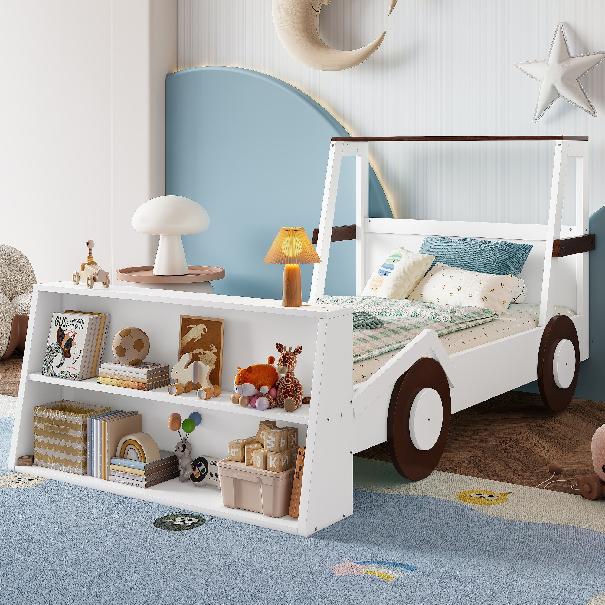 Twin Size Car Bed with Storage Shelves, Kids Platform Bed with Cute Car-shape, Childlike Design, Brown & White - Image 2