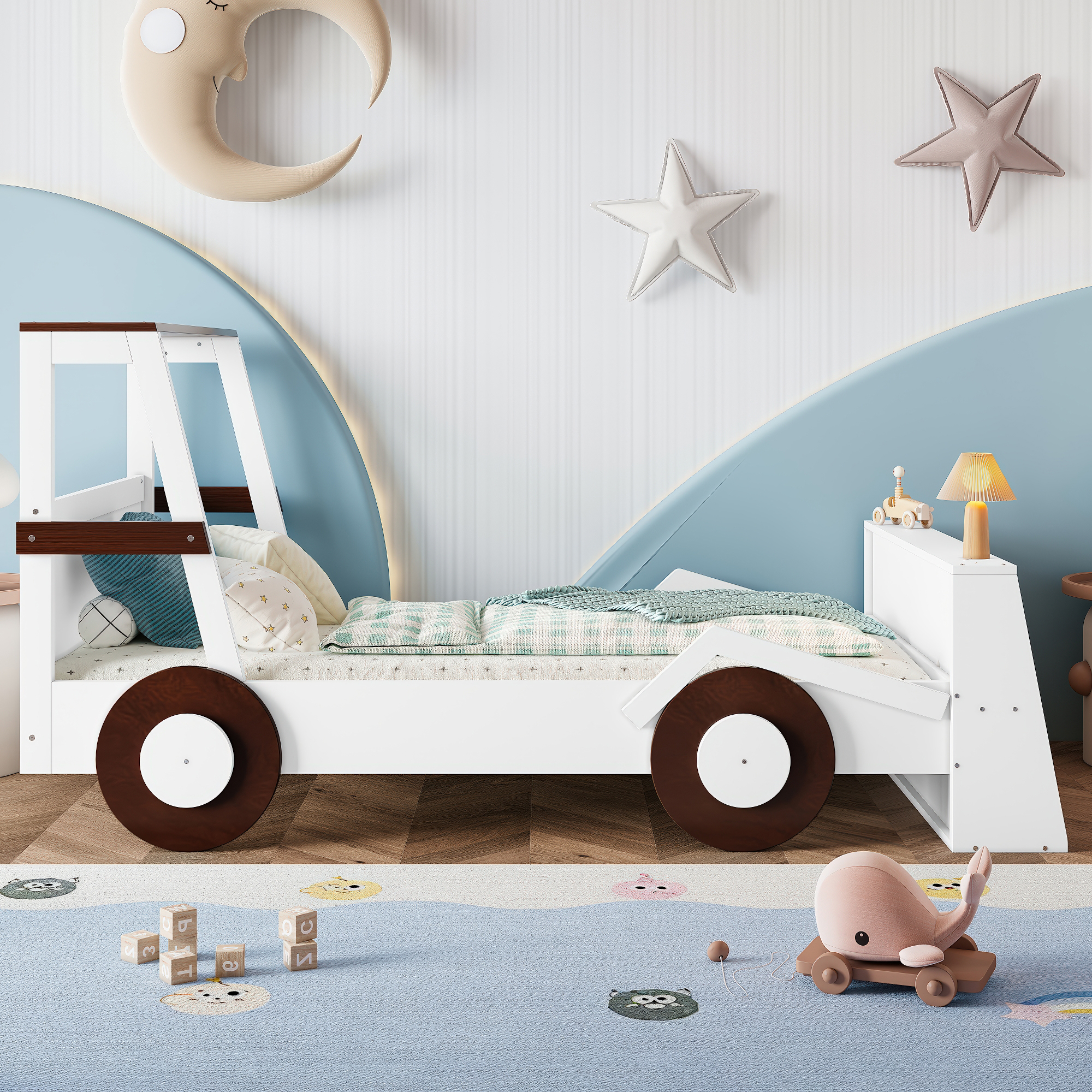 Twin Size Car Bed with Storage Shelves, Kids Platform Bed with Cute Car-shape, Childlike Design, Brown & White - Image 3