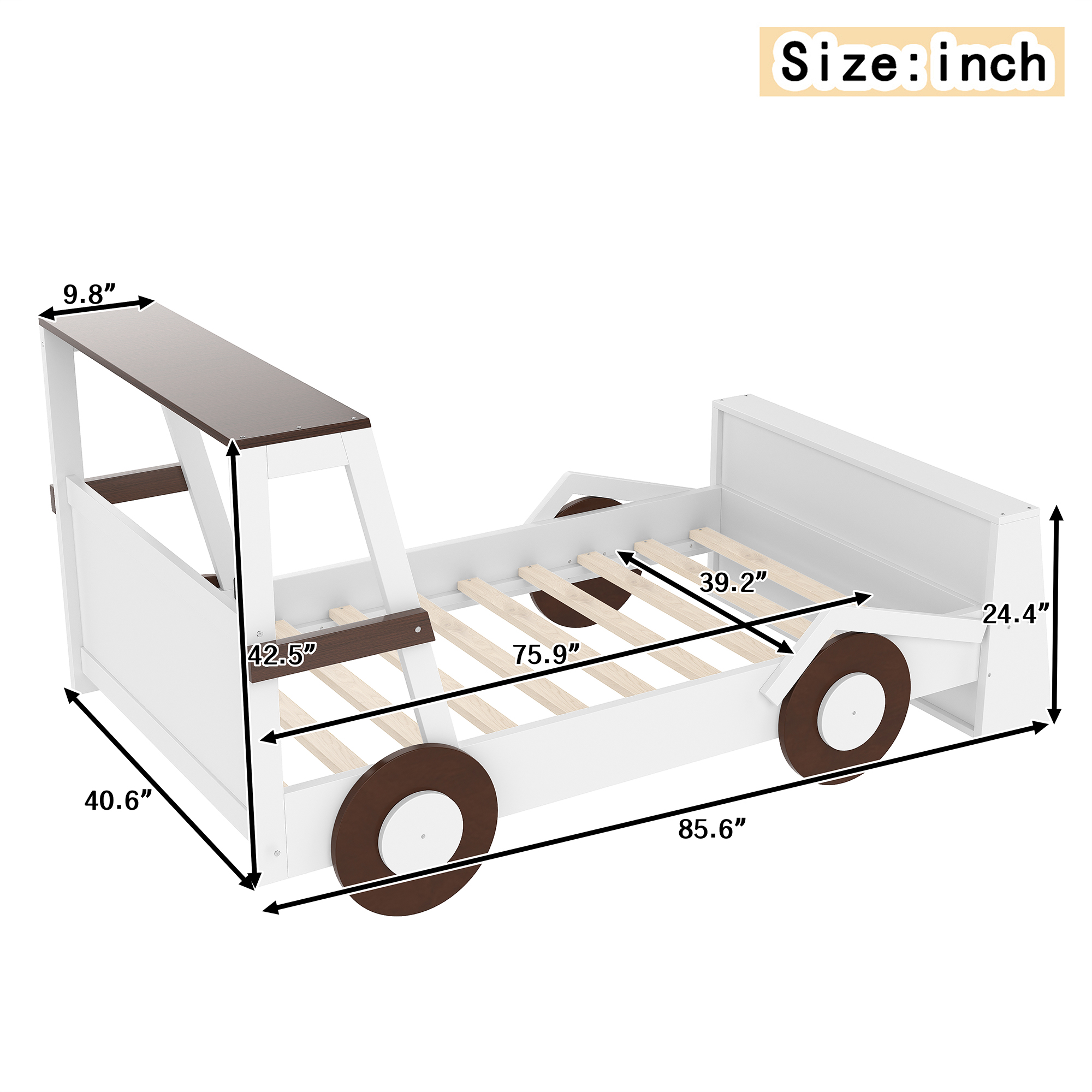 Twin Size Car Bed with Storage Shelves, Kids Platform Bed with Cute Car-shape, Childlike Design, Brown & White - Image 4