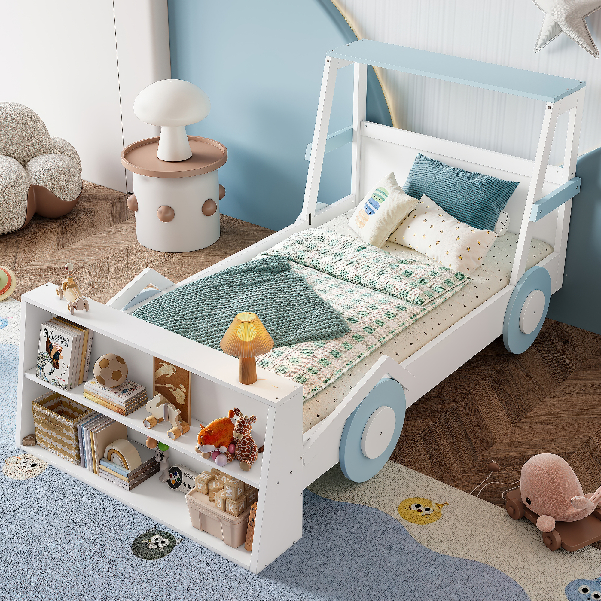 Twin Size Car Bed with Storage Shelves, Kids Platform Bed with Cute Car-shape, Childlike Design, Blue & White - Image 1