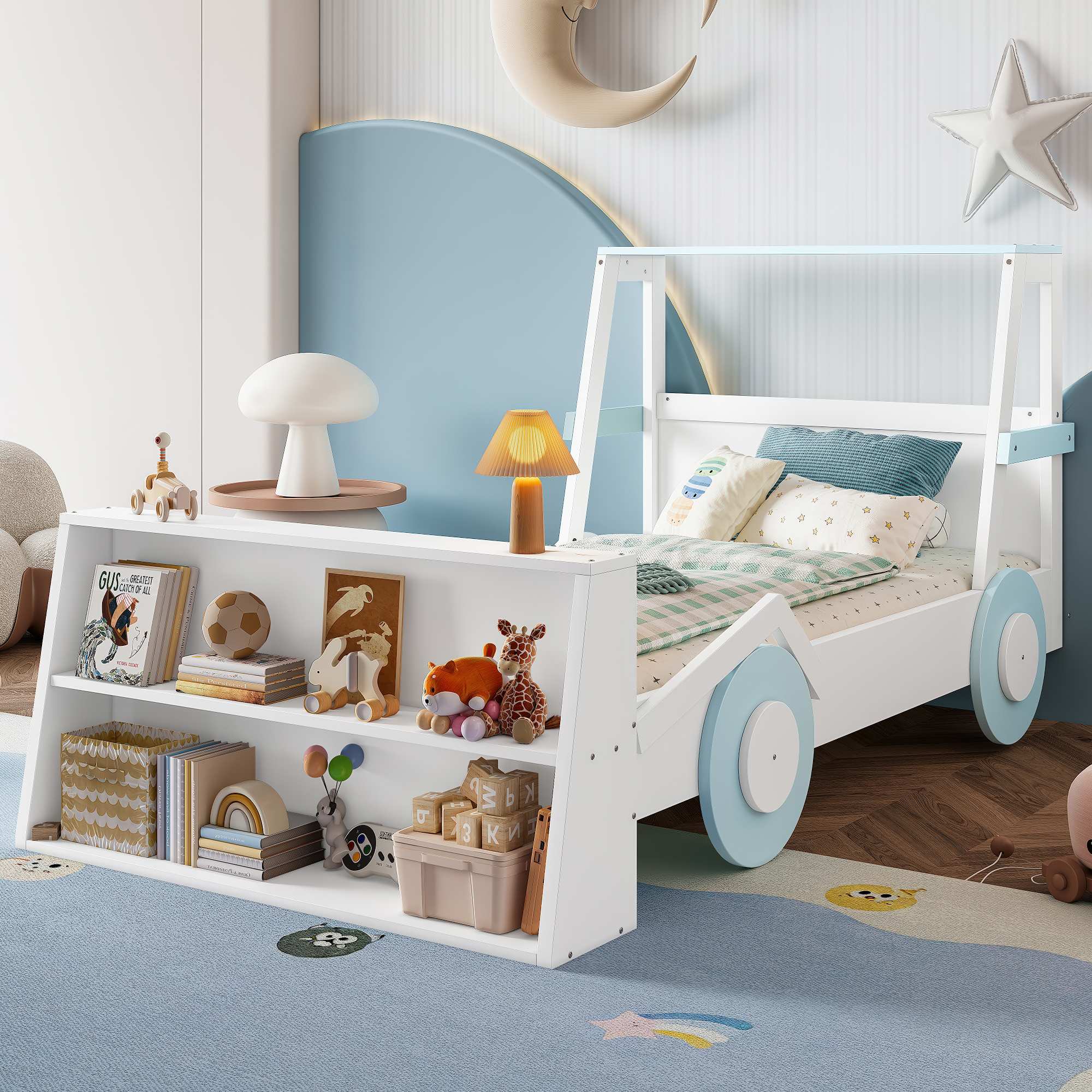 Twin Size Car Bed with Storage Shelves, Kids Platform Bed with Cute Car-shape, Childlike Design, Blue & White - Image 2