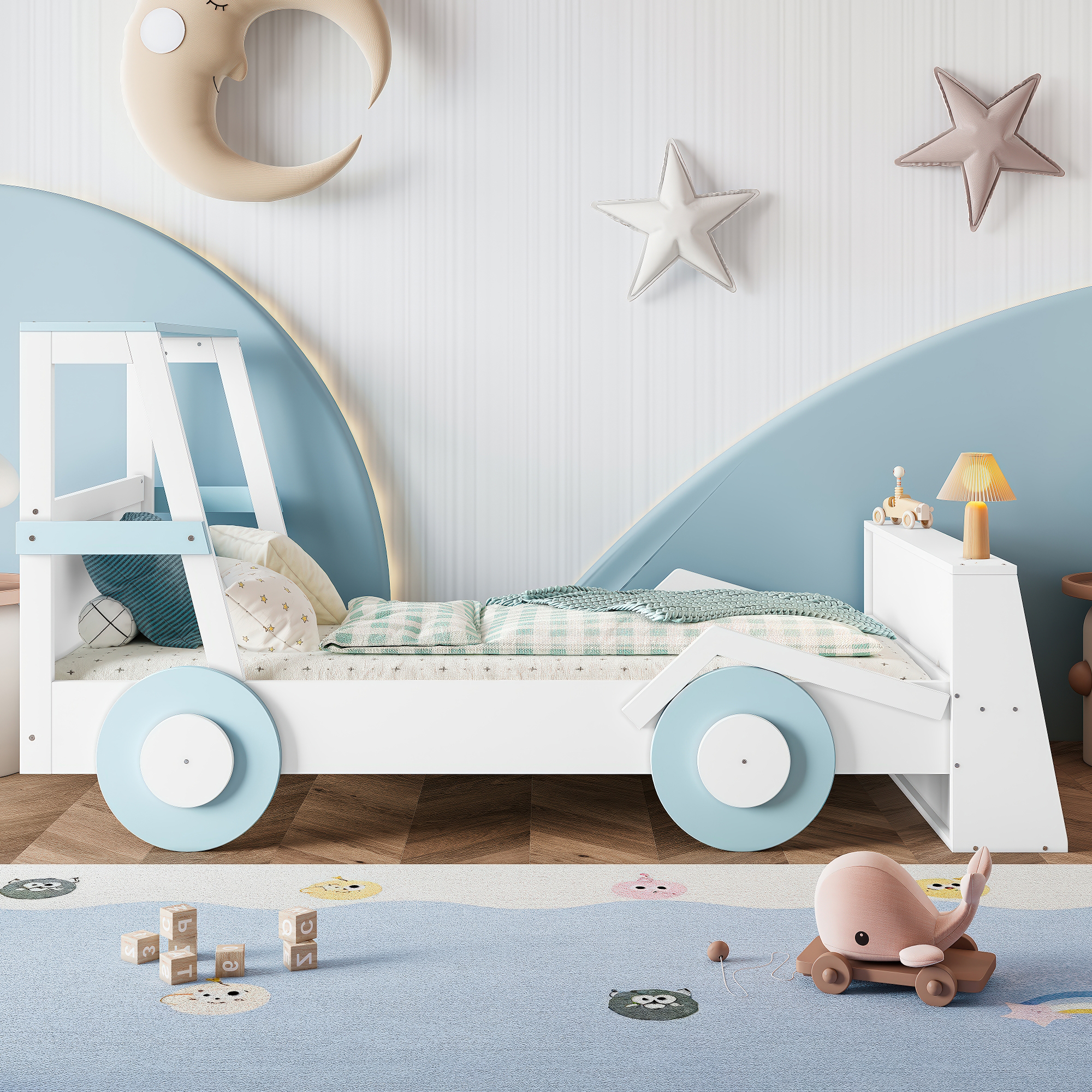 Twin Size Car Bed with Storage Shelves, Kids Platform Bed with Cute Car-shape, Childlike Design, Blue & White - Image 3