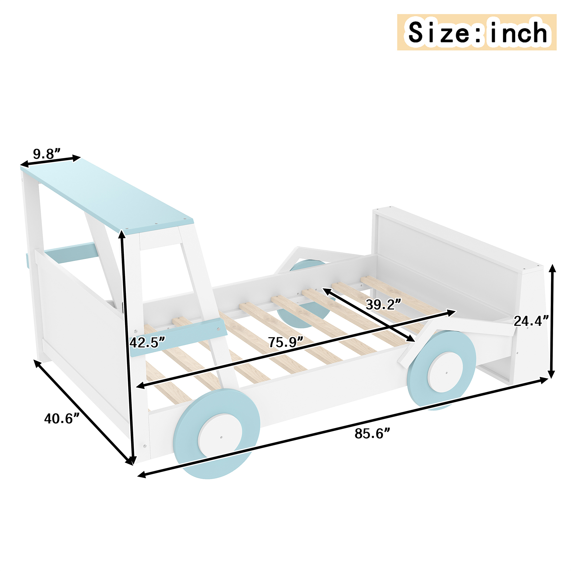 Twin Size Car Bed with Storage Shelves, Kids Platform Bed with Cute Car-shape, Childlike Design, Blue & White - Image 4
