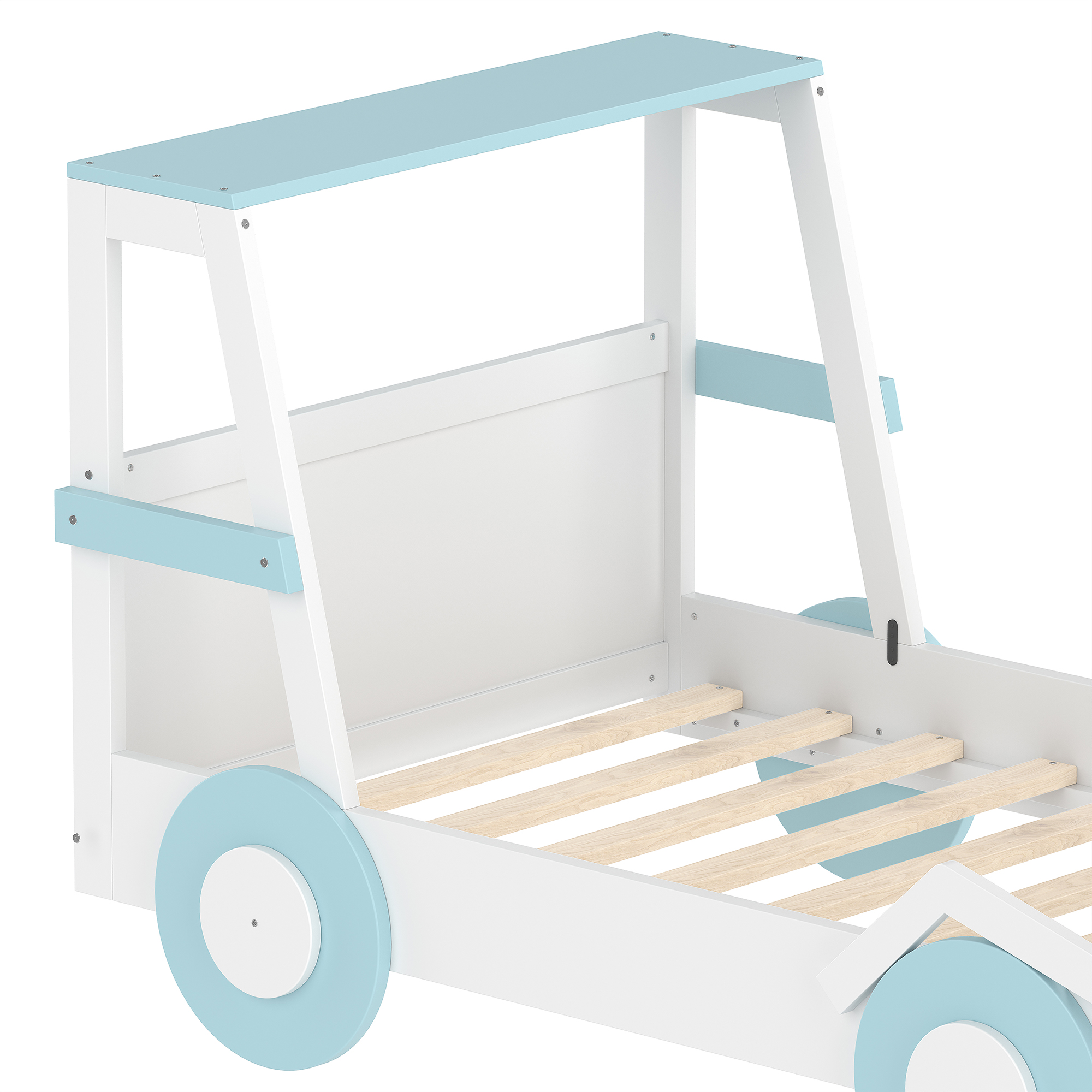 Twin Size Car Bed with Storage Shelves, Kids Platform Bed with Cute Car-shape, Childlike Design, Blue & White - Image 6