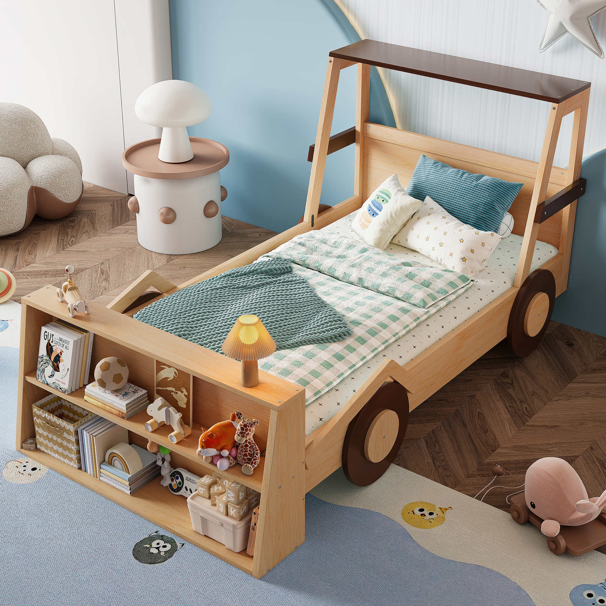 Twin Size Car Bed with Storage Shelves, Kids Platform Bed with Cute Car-shape, Childlike Design, Natural
