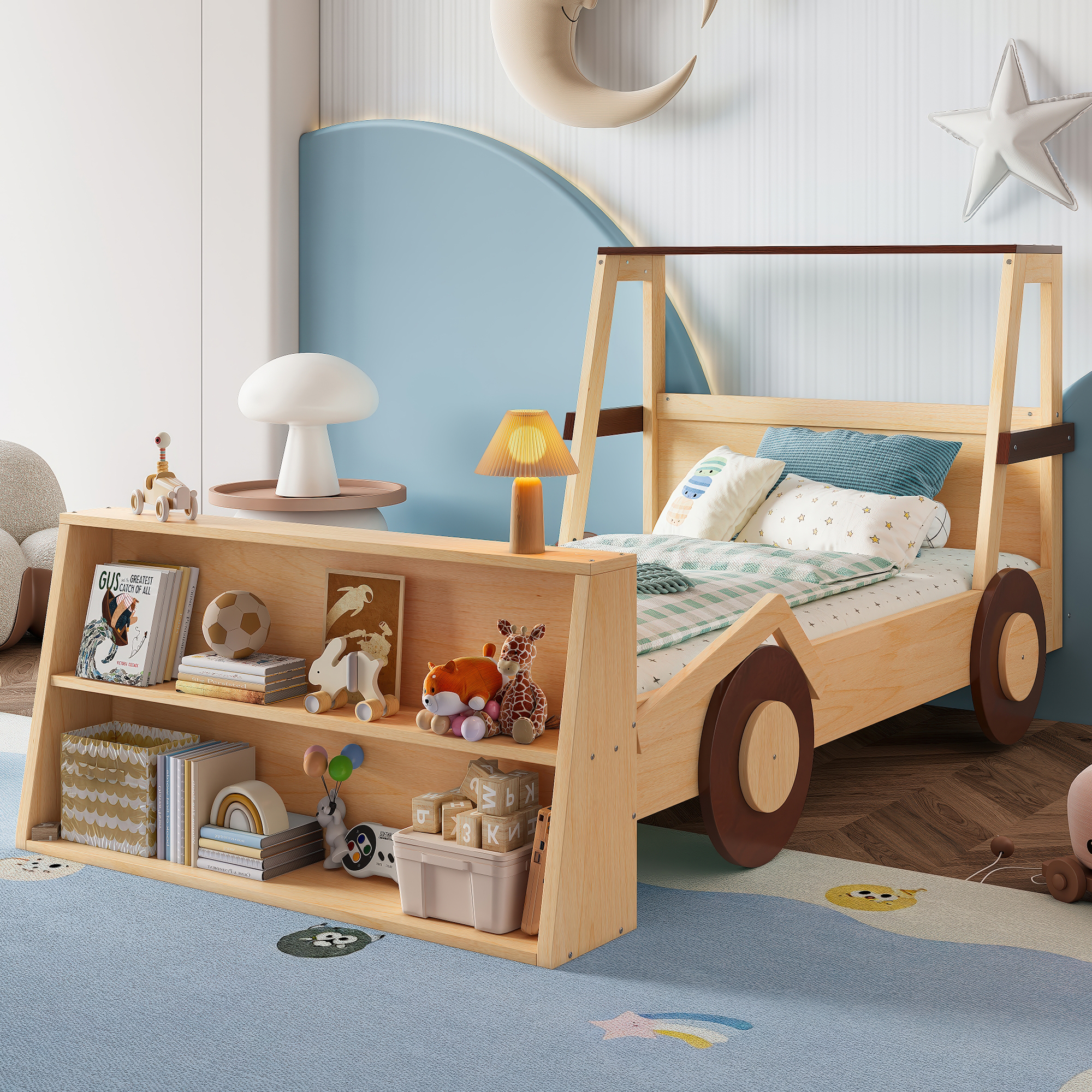 Twin Size Car Bed with Storage Shelves, Kids Platform Bed with Cute Car-shape, Childlike Design, Natural - Image 2