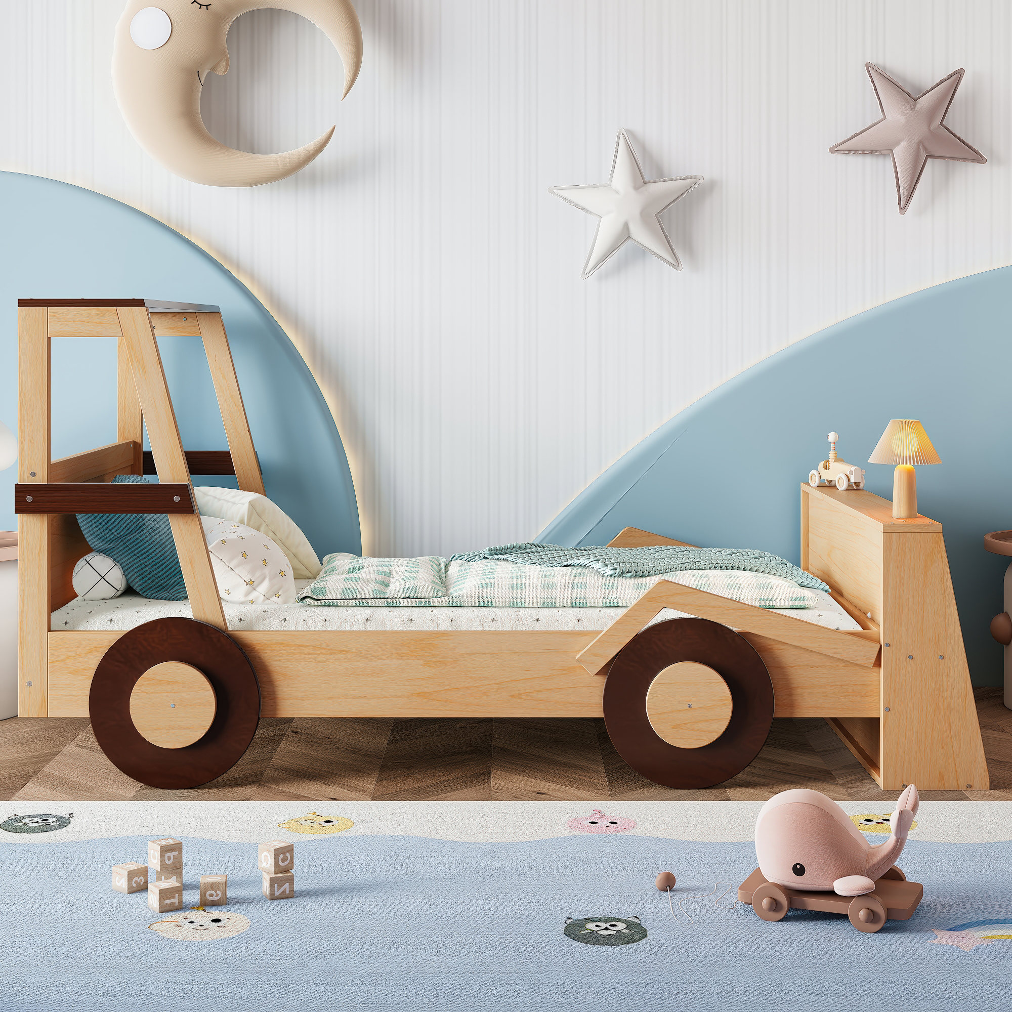 Twin Size Car Bed with Storage Shelves, Kids Platform Bed with Cute Car-shape, Childlike Design, Natural - Image 3