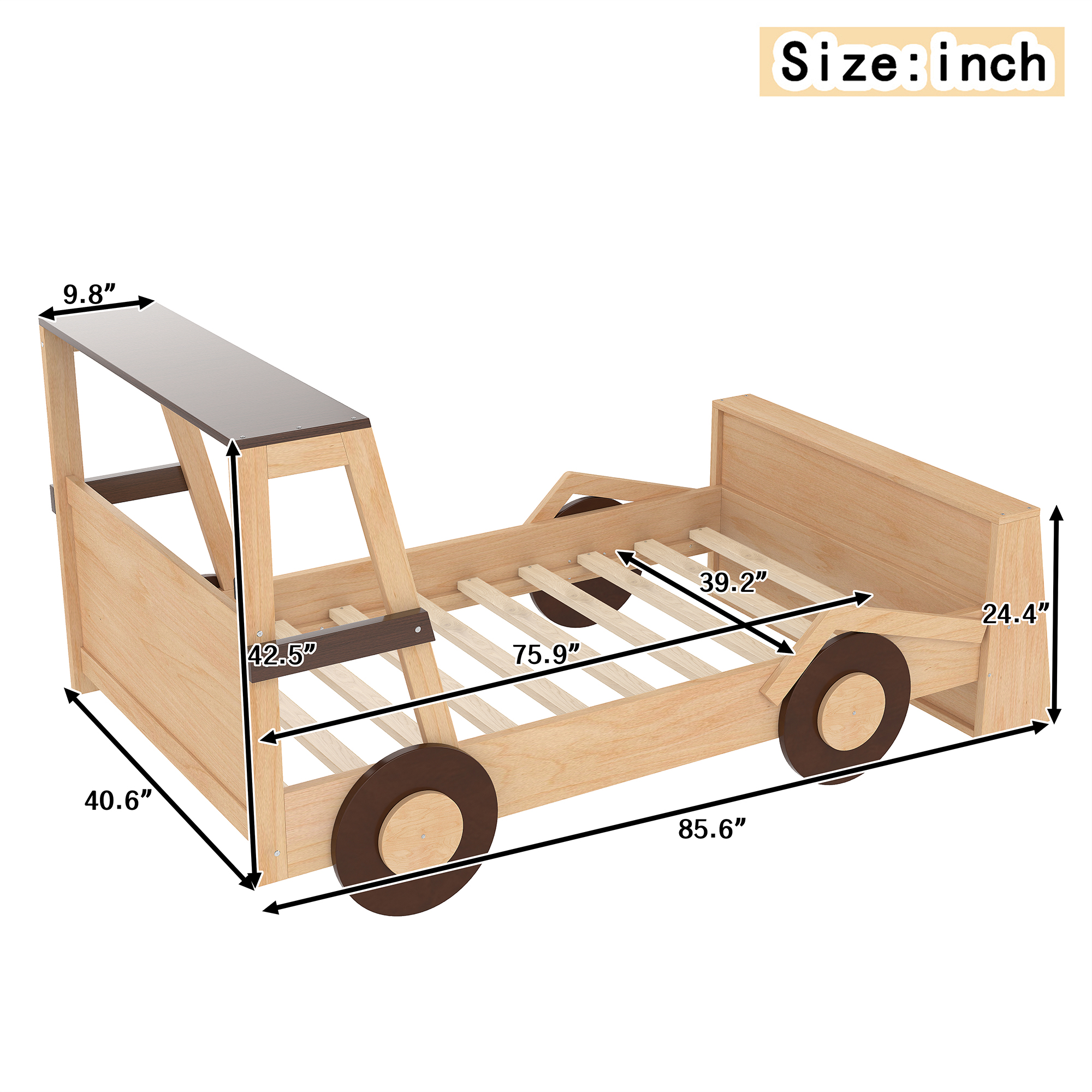 Twin Size Car Bed with Storage Shelves, Kids Platform Bed with Cute Car-shape, Childlike Design, Natural - Image 4