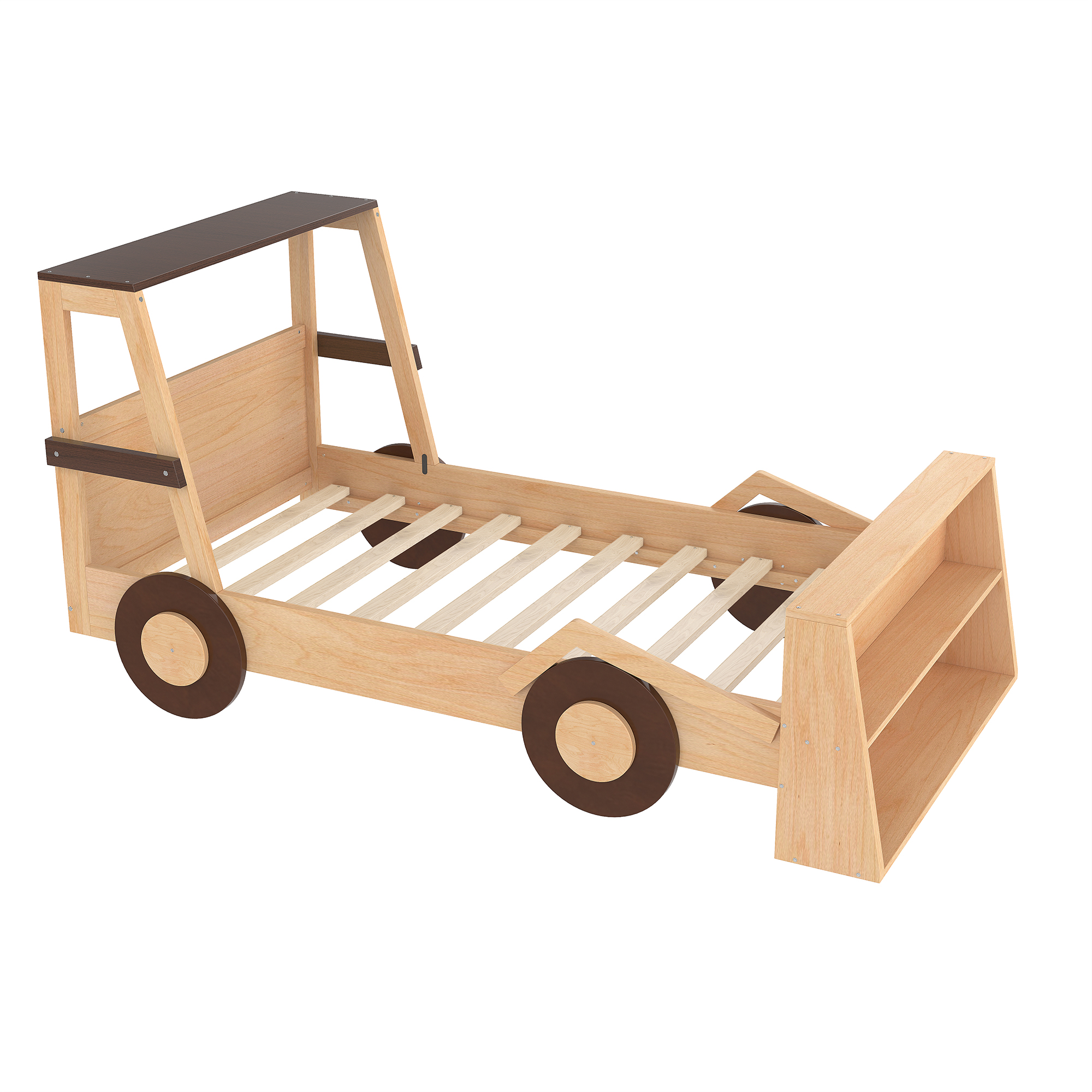 Twin Size Car Bed with Storage Shelves, Kids Platform Bed with Cute Car-shape, Childlike Design, Natural - Image 6
