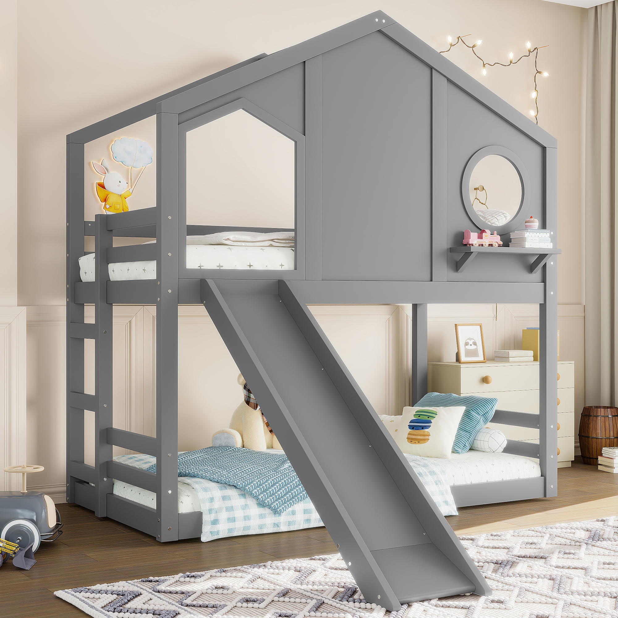 Twin House Bunk Bed with Slide and Storage Shelves, Solid Wood House Loft Bed with Window, Childlike Design, Gray - Image 2