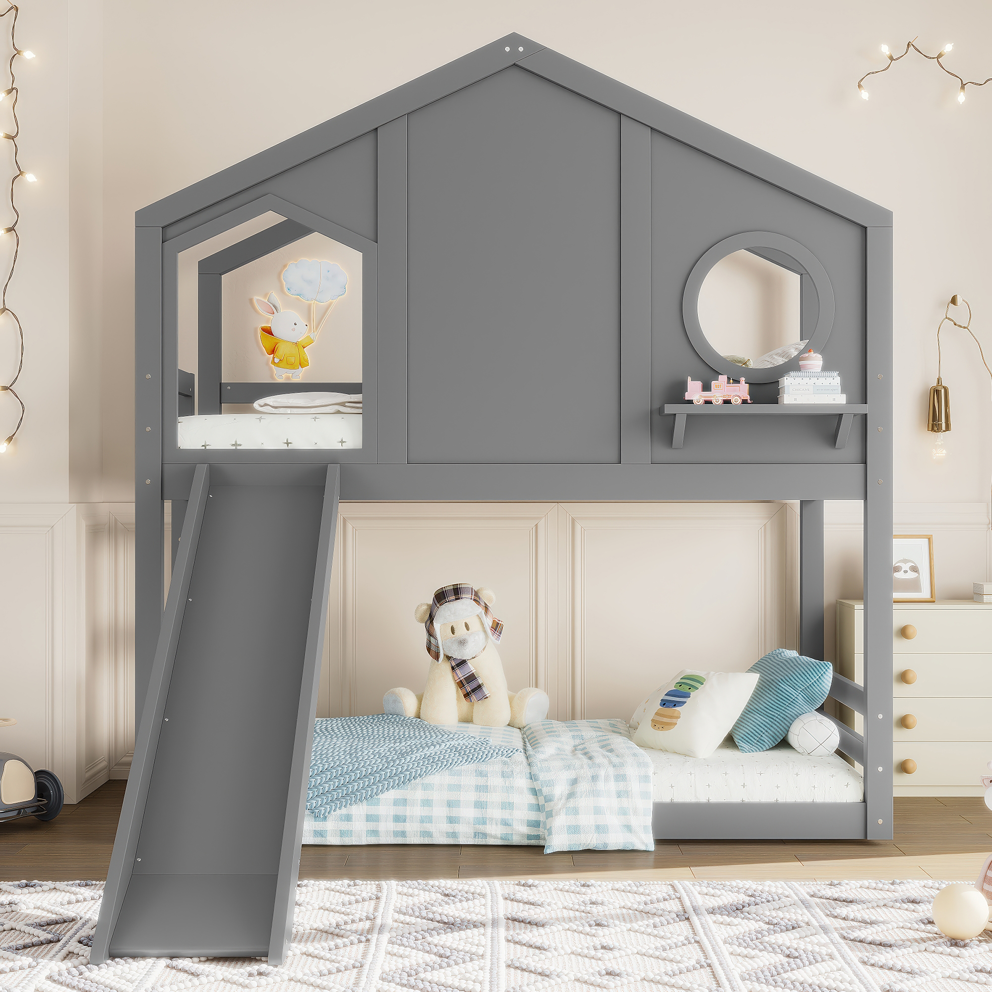 Twin House Bunk Bed with Slide and Storage Shelves, Solid Wood House Loft Bed with Window, Childlike Design, Gray - Image 3