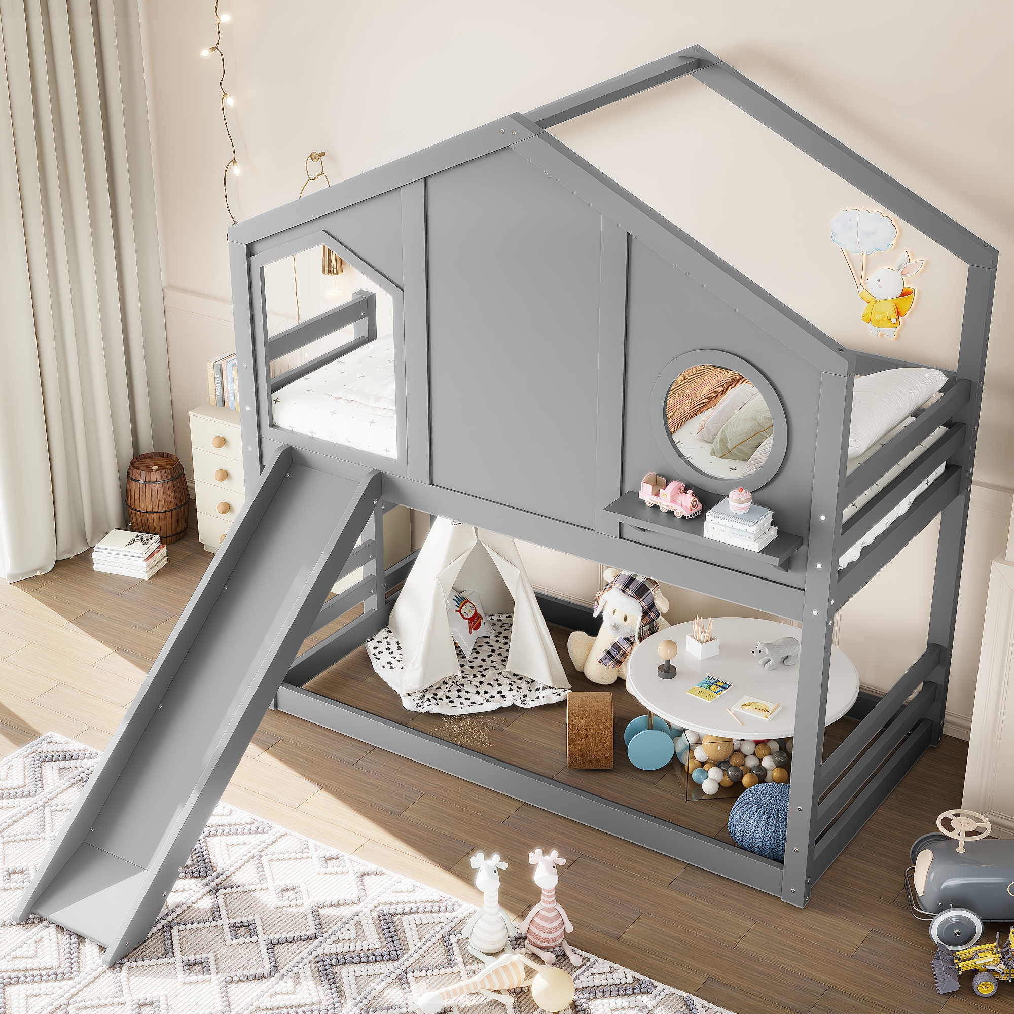 Twin House Bunk Bed with Slide and Storage Shelves, Solid Wood House Loft Bed with Window, Childlike Design, Gray - Image 4