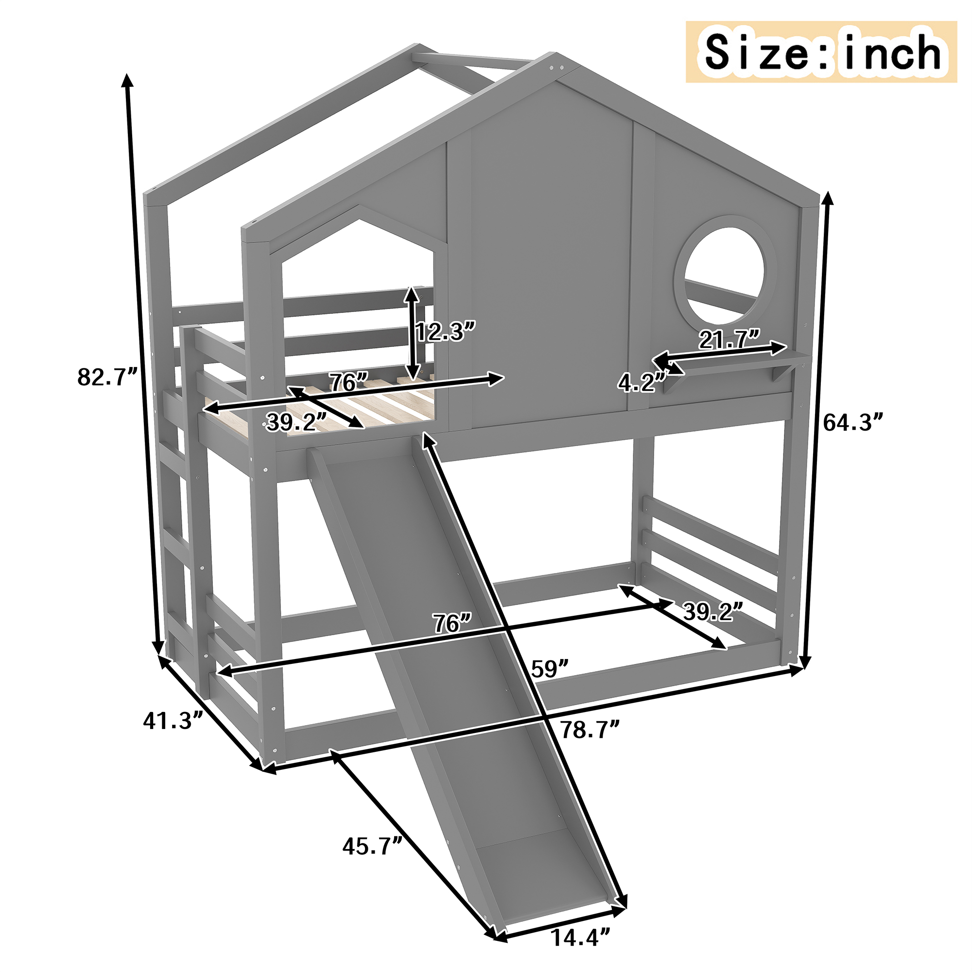 Twin House Bunk Bed with Slide and Storage Shelves, Solid Wood House Loft Bed with Window, Childlike Design, Gray - Image 5