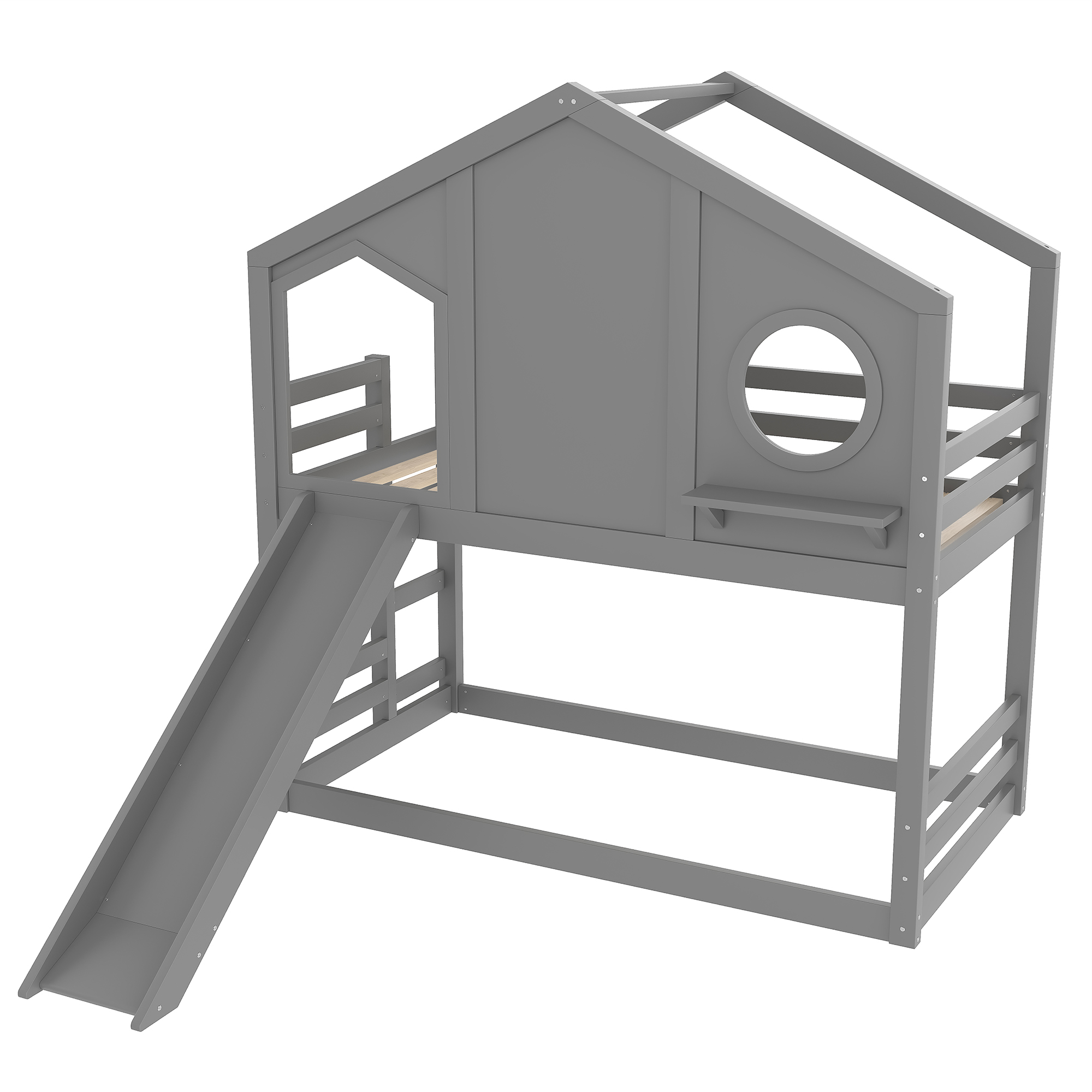 Twin House Bunk Bed with Slide and Storage Shelves, Solid Wood House Loft Bed with Window, Childlike Design, Gray - Image 6