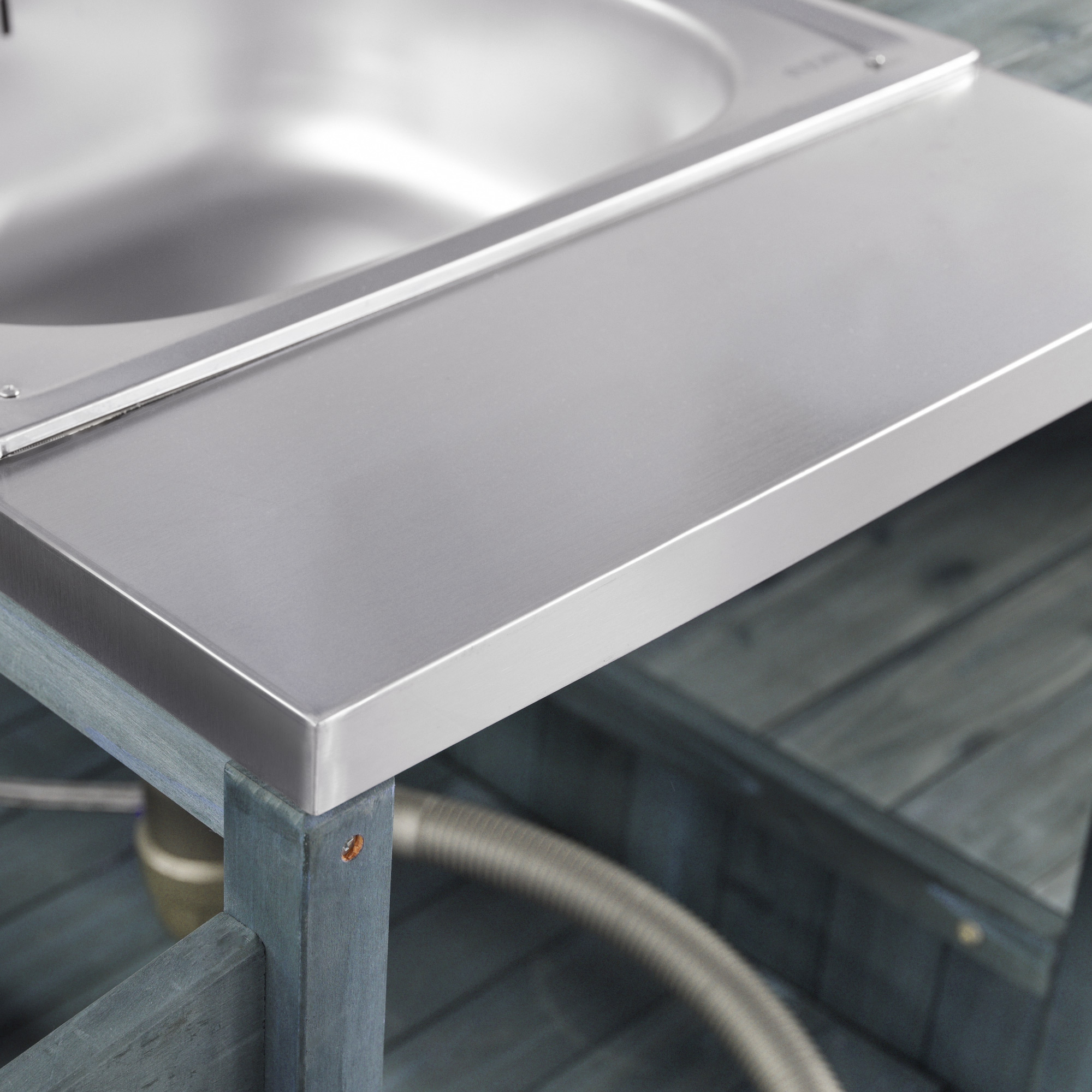 K&K 75.4" Outdoor Kitchen Island with Sink, Solid Wood Outdoor Grill Cart for XL Green Egg Grills, Rolling Outdoor Bar Cart with Stainless Steel Top, for Pizza Prep & BBQ, Grey Blue - Image 2