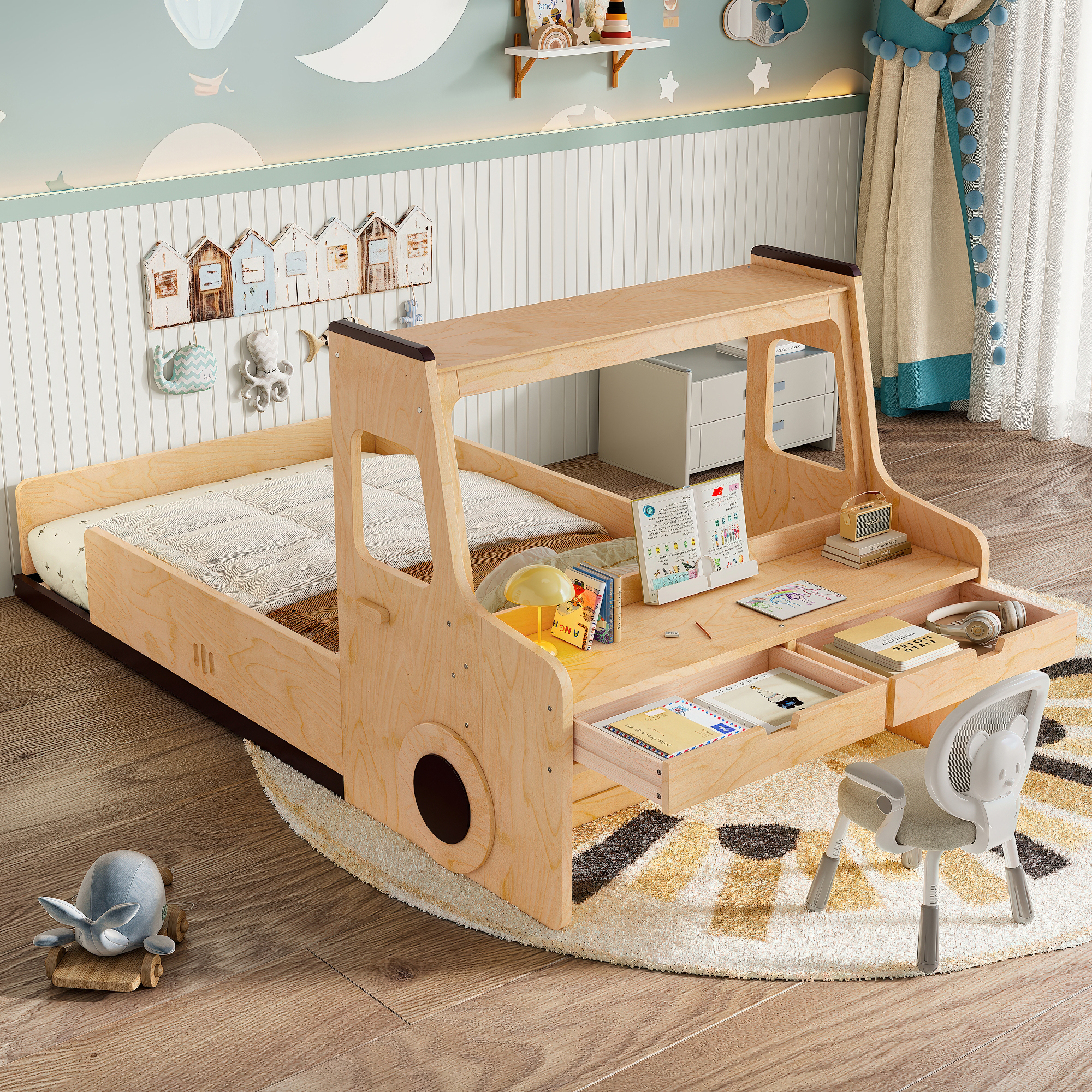 Twin Size Floor Bed with Interesting Car-shape Design, Kids Car Floor Bed with Storage Drawers, Window, and Desk, Childlike Design, Natural - Image 2