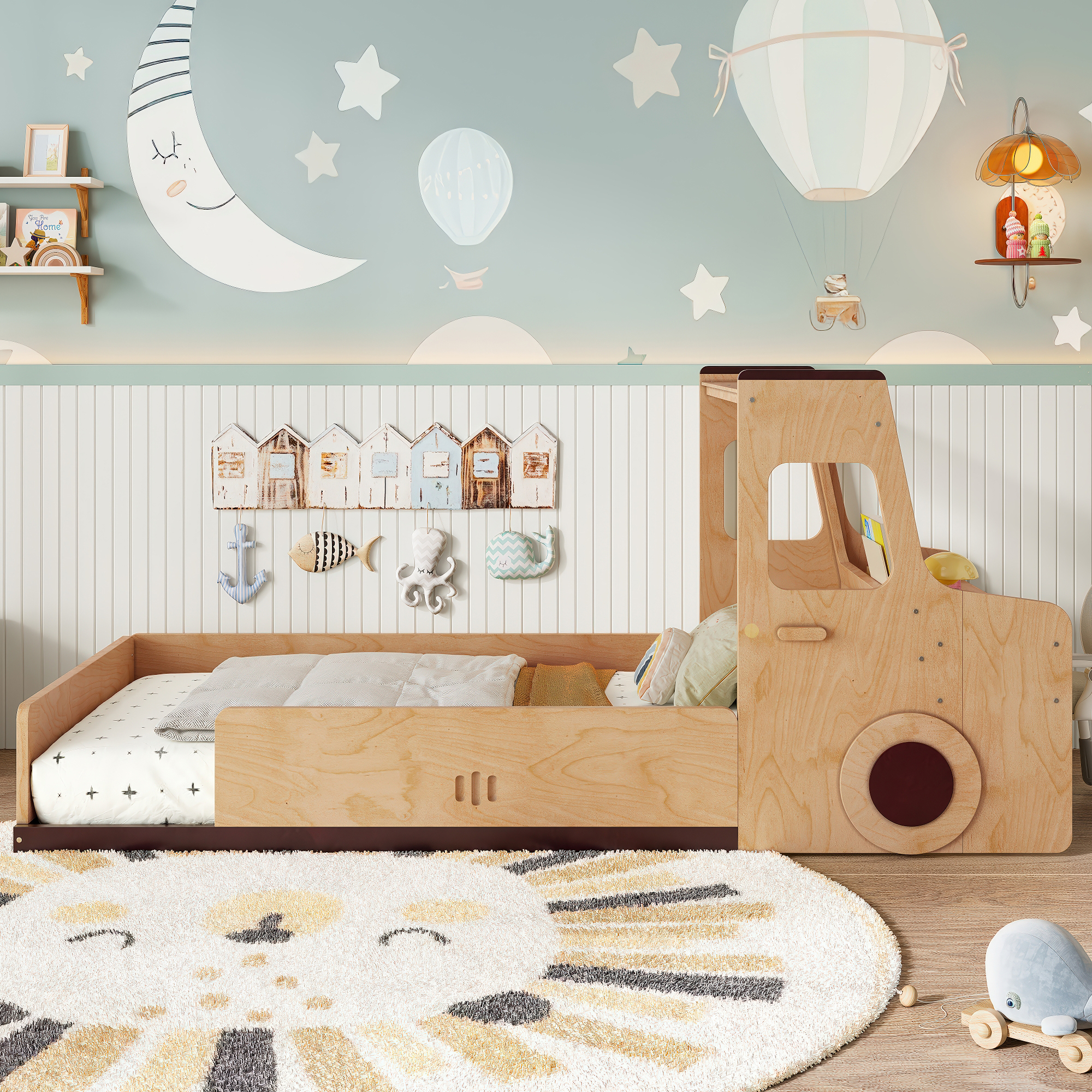 Twin Size Floor Bed with Interesting Car-shape Design, Kids Car Floor Bed with Storage Drawers, Window, and Desk, Childlike Design, Natural - Image 3