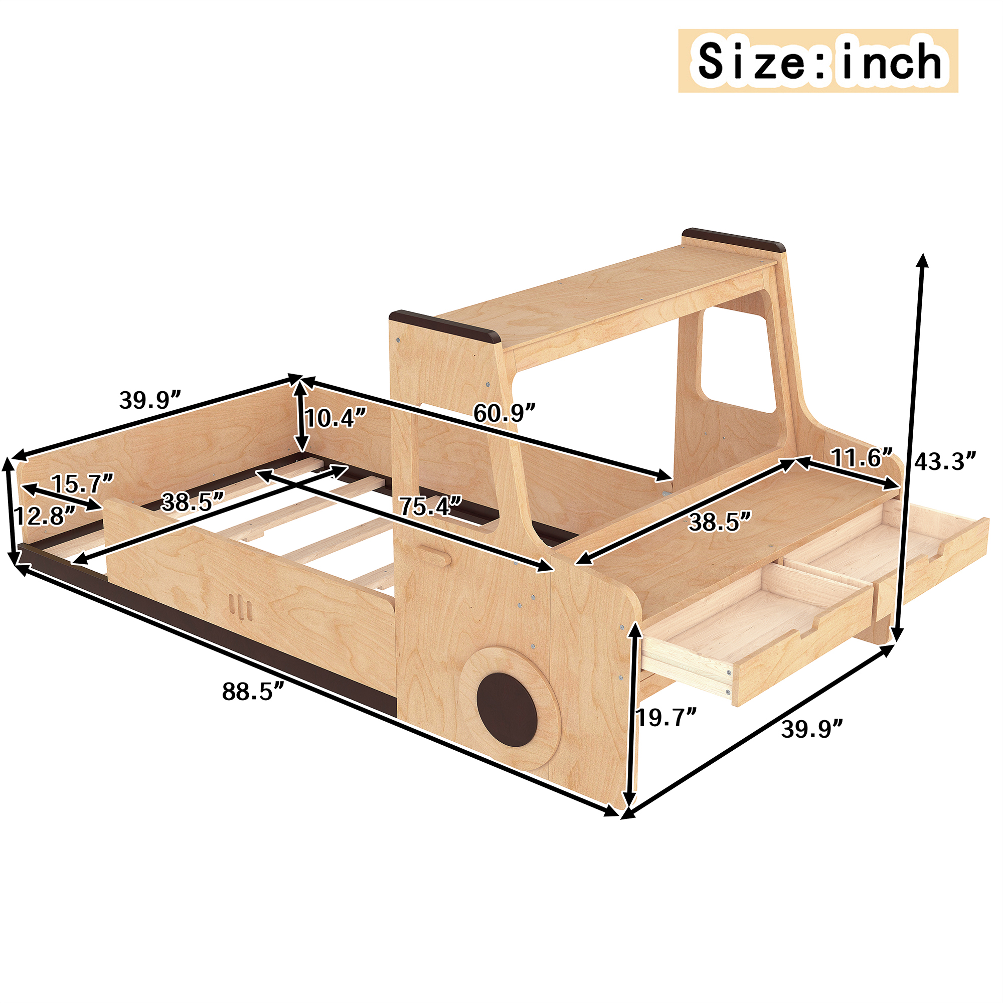 Twin Size Floor Bed with Interesting Car-shape Design, Kids Car Floor Bed with Storage Drawers, Window, and Desk, Childlike Design, Natural - Image 4