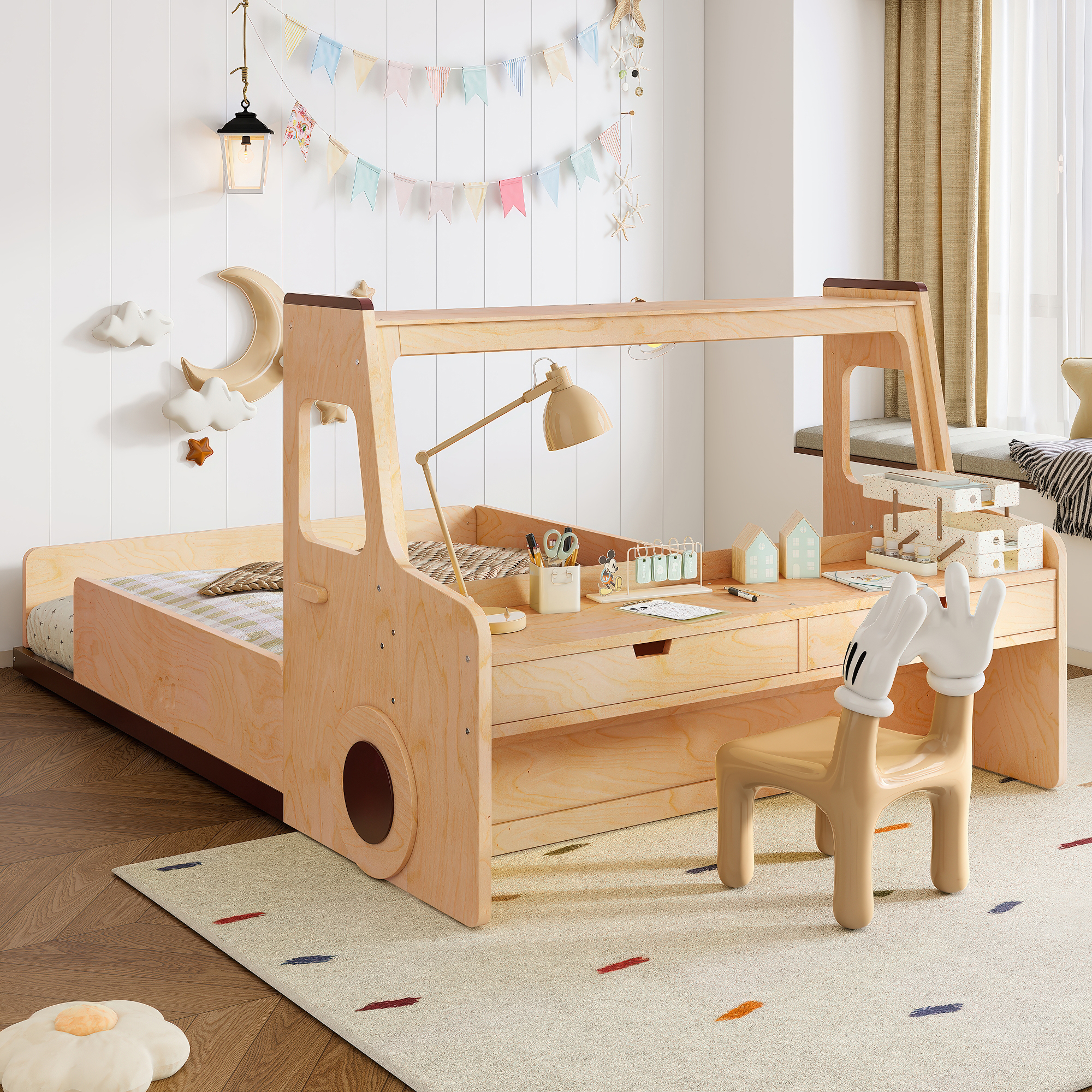 Full Size Floor Bed with Interesting Car-shape Design, Kids Car Floor Bed with Storage Drawers, Window, and Desk, Childlike Design, Natural - Image 2