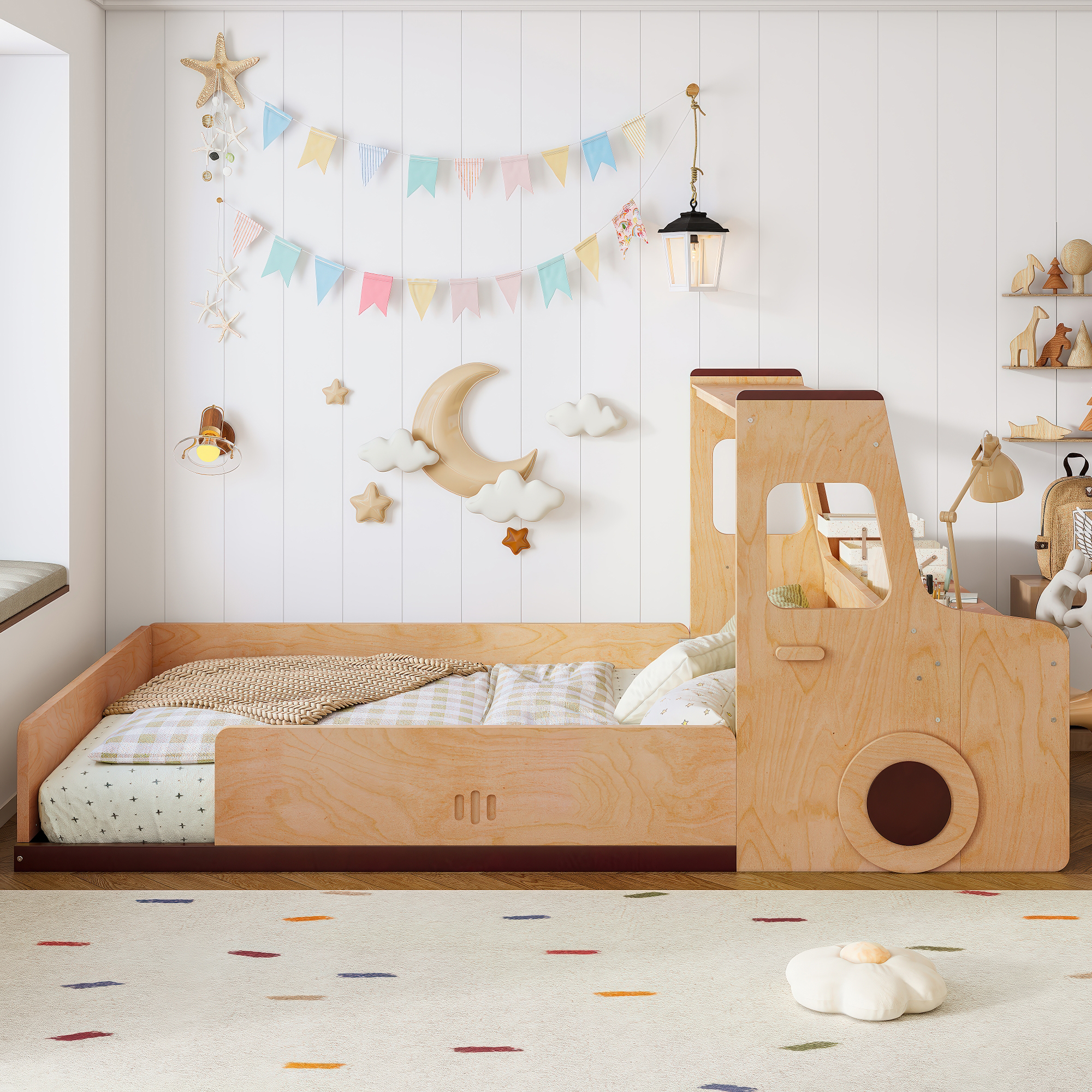 Full Size Floor Bed with Interesting Car-shape Design, Kids Car Floor Bed with Storage Drawers, Window, and Desk, Childlike Design, Natural - Image 3