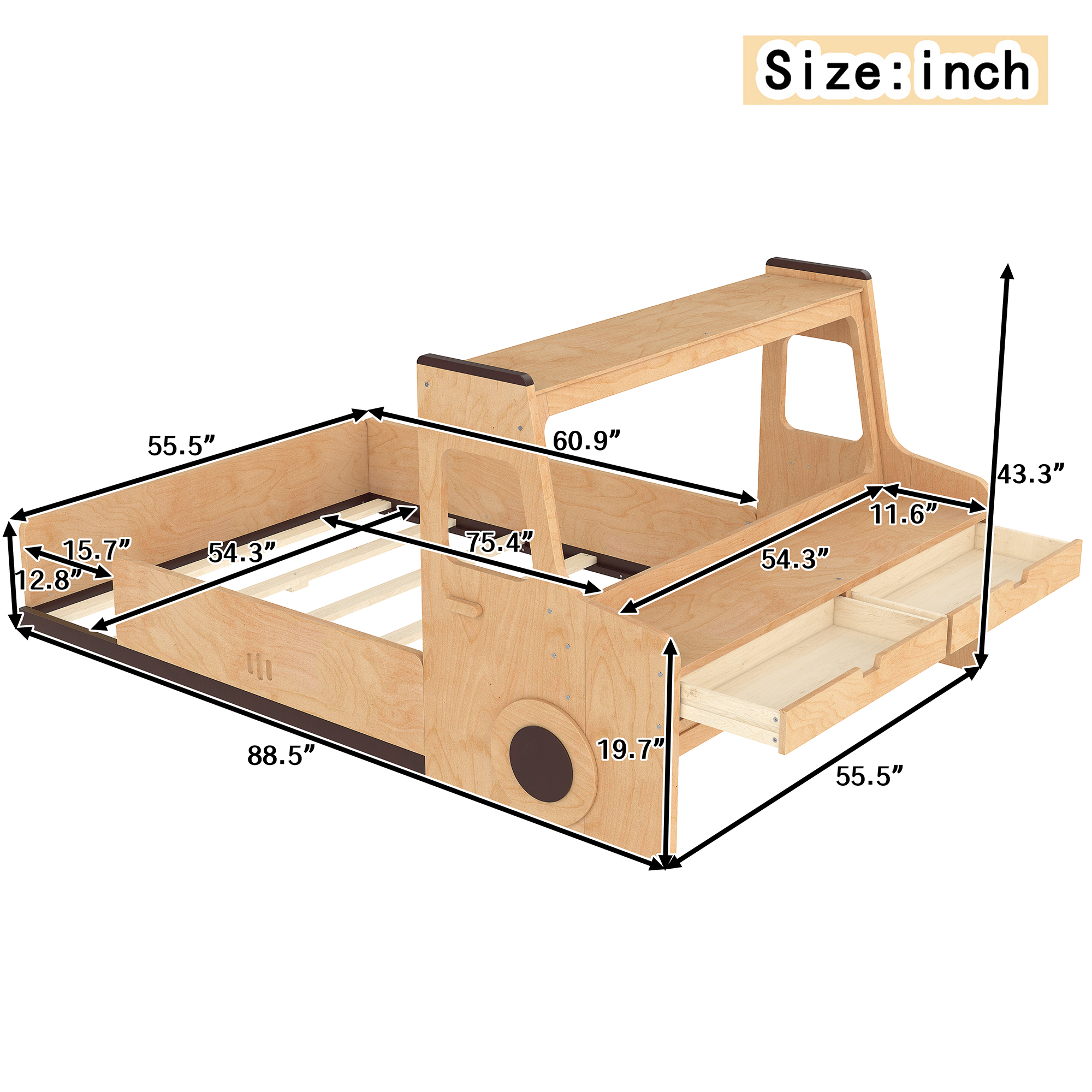 Full Size Floor Bed with Interesting Car-shape Design, Kids Car Floor Bed with Storage Drawers, Window, and Desk, Childlike Design, Natural - Image 4